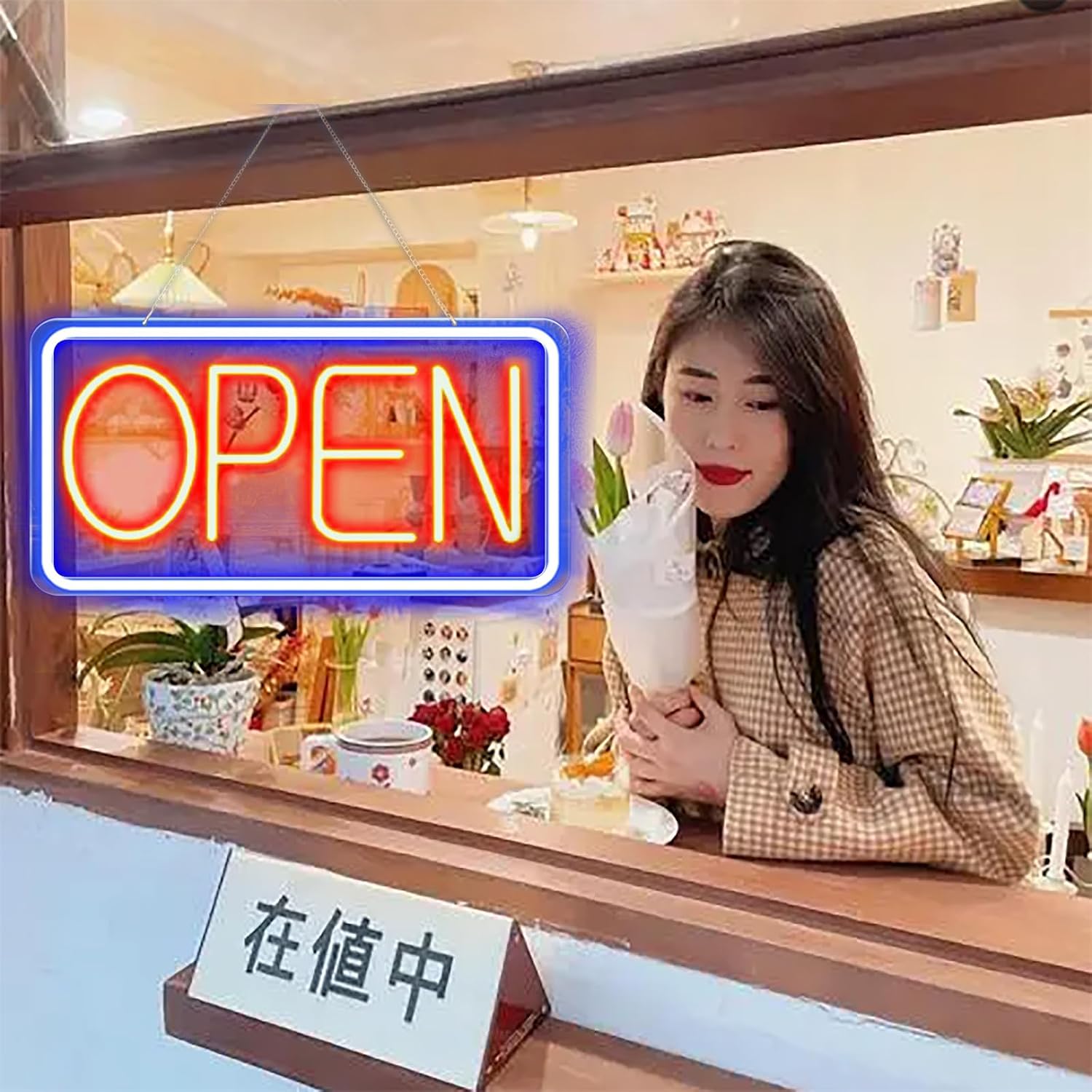 LED Neon Open Sign, Red and Blue, Wall Mounted Business Storefront Display