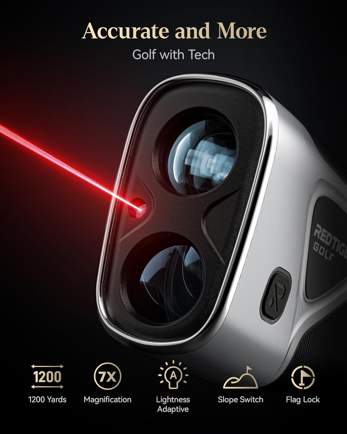 REDTIGER Golf Rangefinder highlighting key features: 1200 yards range, 7X magnification, lightness adaptive display, slope switch, and flag lock.