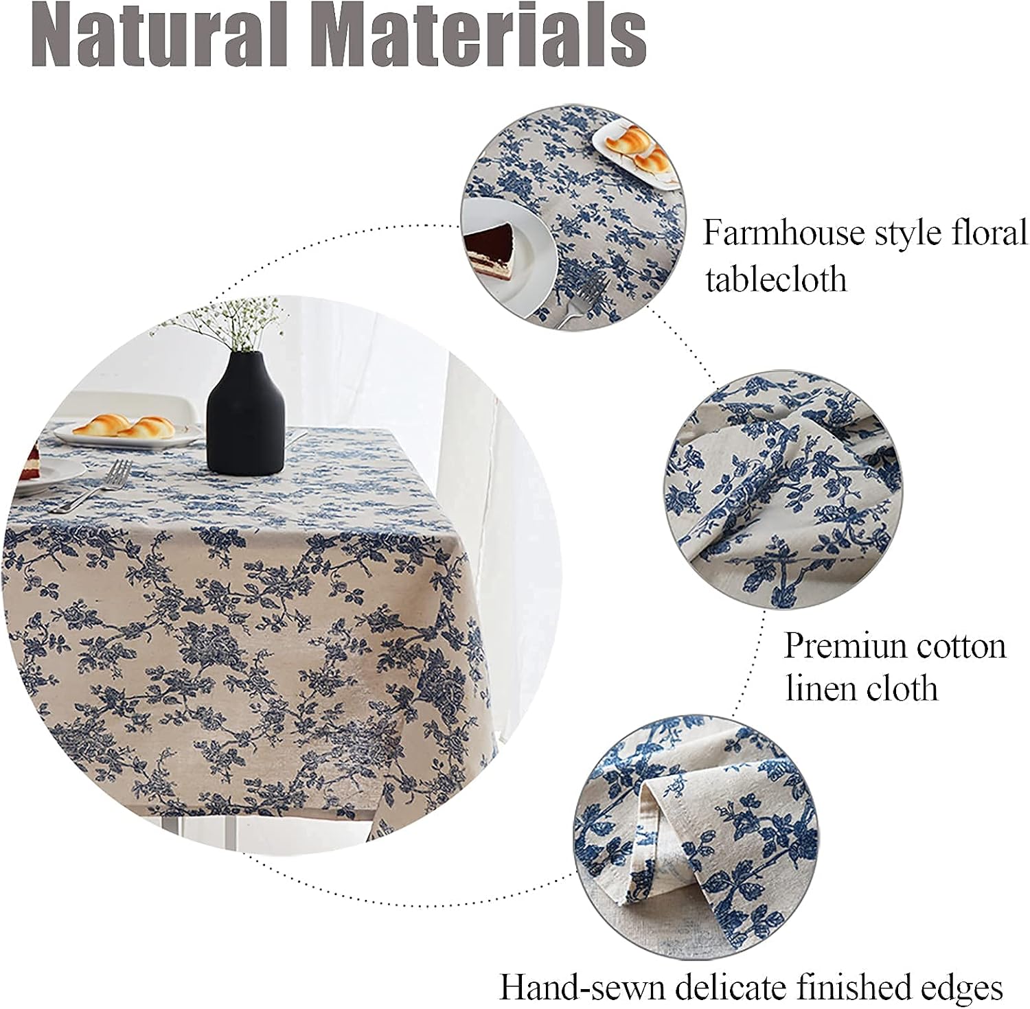 Wracra Cotton Linen Vintage Rectangle Tablecloth Pastoral Floral Rustic Table Cloth Washable Table Cover for Indoor&Outdoor,Farmhouse Decor,Picnic,Tabletop Decoration (Blue Floral, 55"×71")