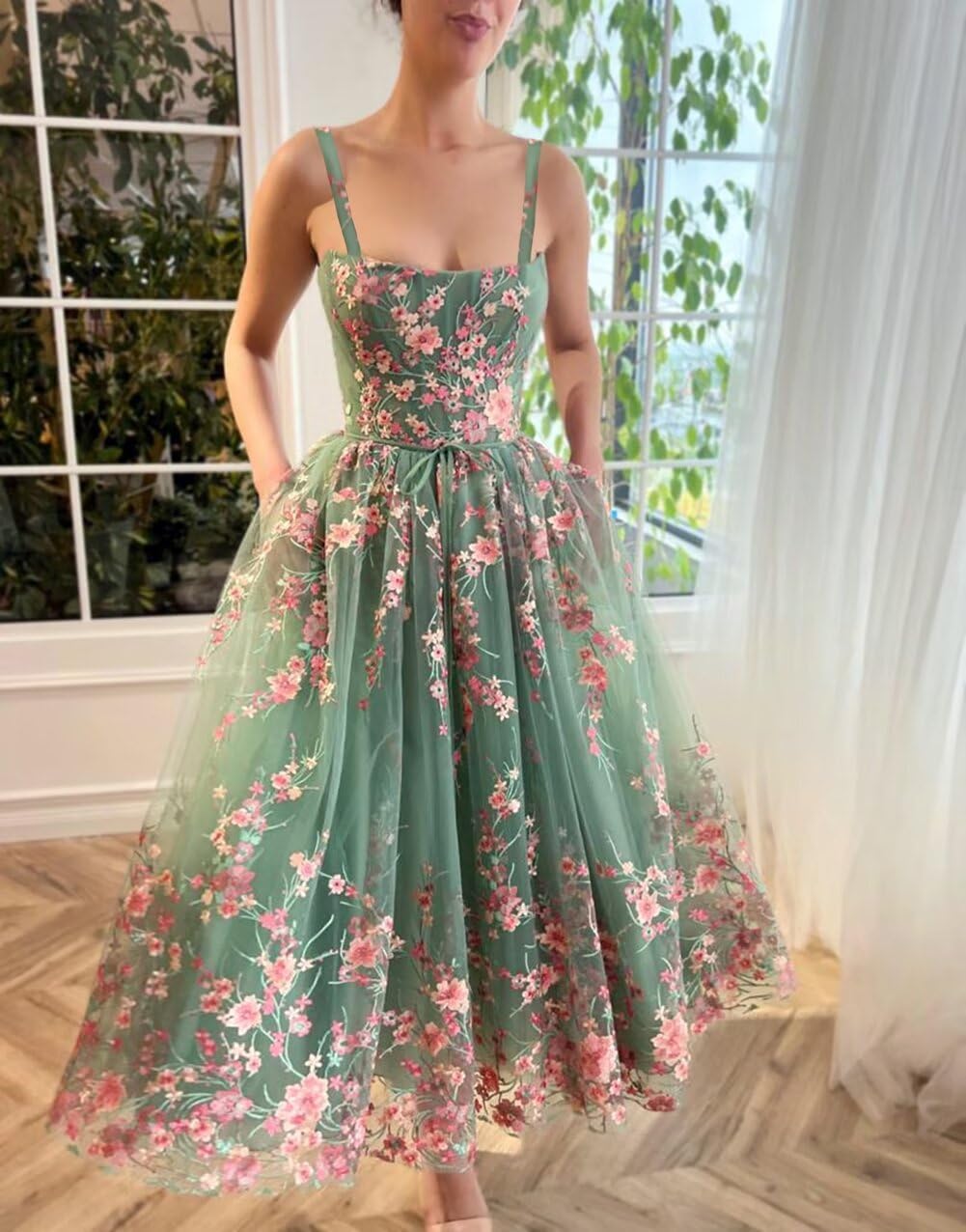 Ftupza Embroidered Tulle Prom Dresses with Pockets Lace Tea Length Formal Dresses A-line Strapless Evening Gowns - Image 5