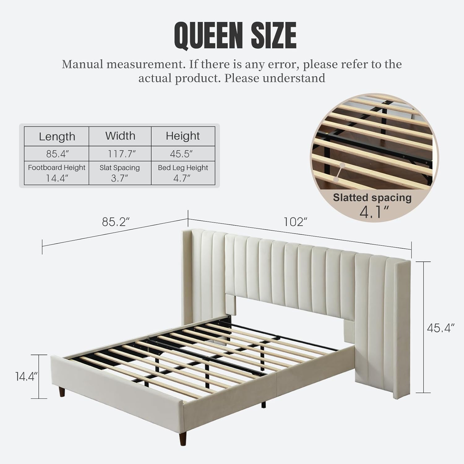 YUHUASHI Queen Size Bed Frame, with a 102-inch Wide Modern and Simple Geometric Double-Wing Headboard, Stable Wooden Slat Support, No Need for a Spring Box, Easy Assembly. (Cream, Queen)