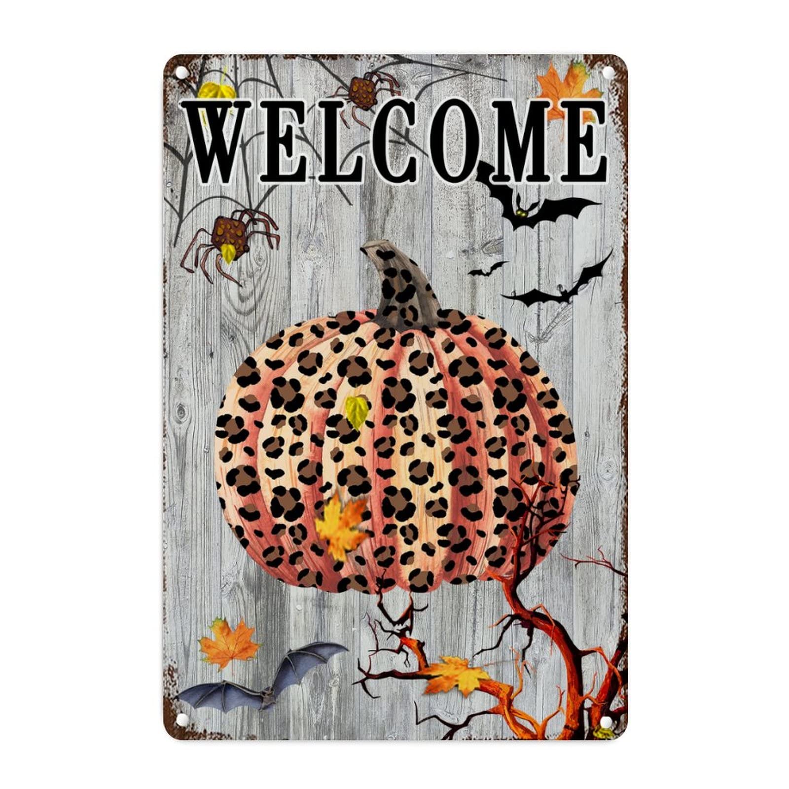 Plaque en métal citrouille d'Halloween et motif léopard rétro pour salon 45x30 cm