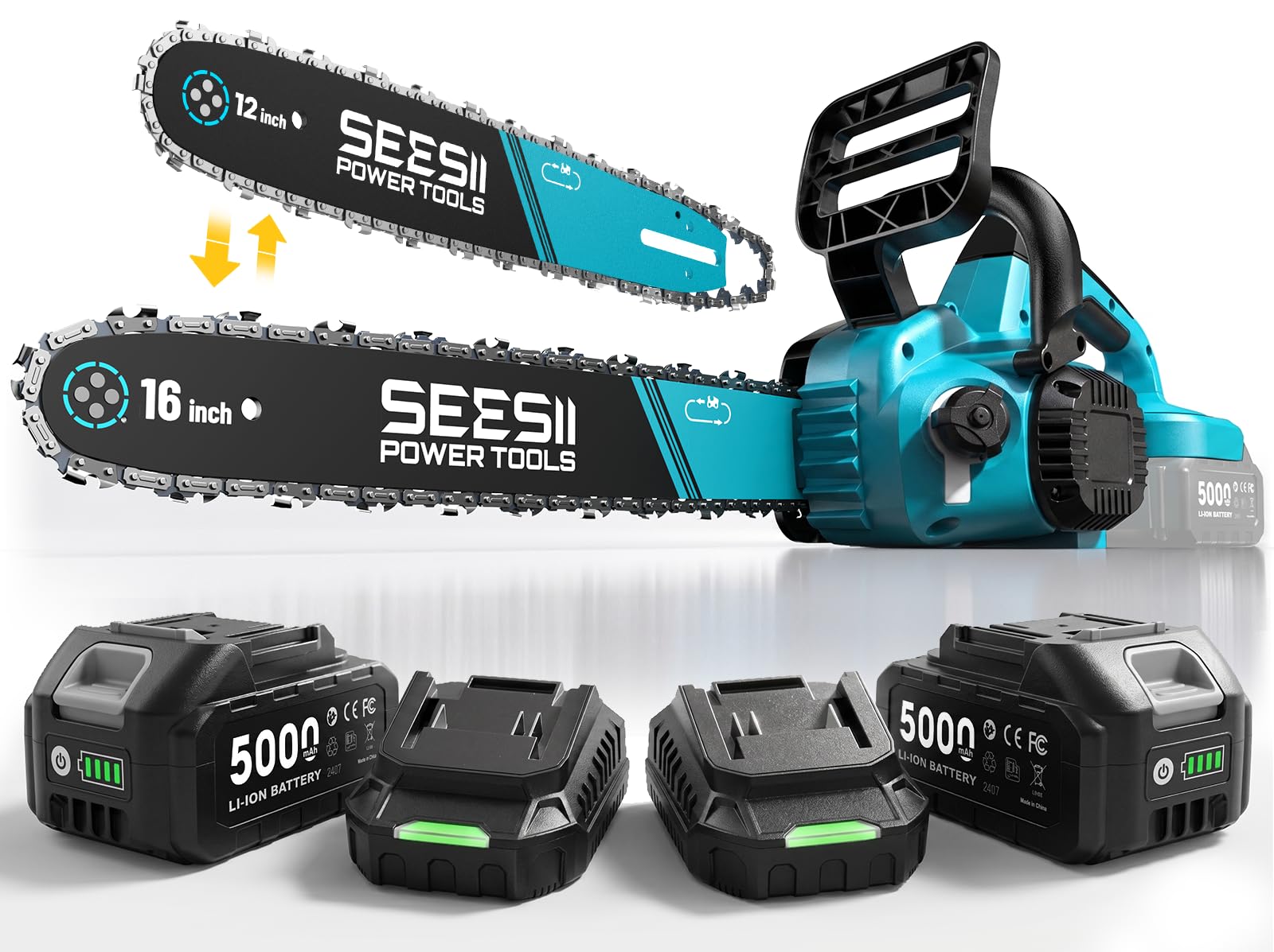 SEESII 40V cordless chainsaw with 16 and 12 inch bars