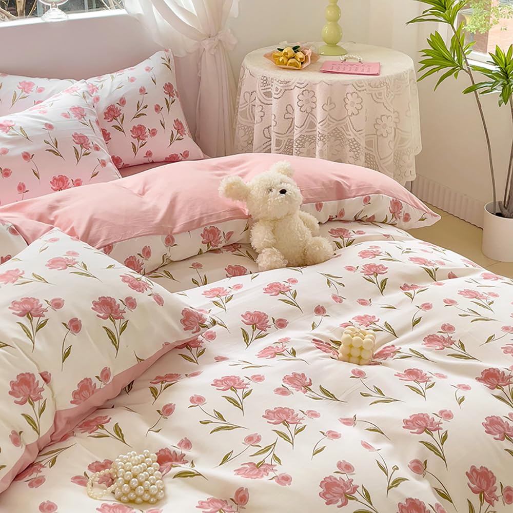 Covebett Duvet Cover Single Pink White Floral Flowers Botanical Meadow Reversible Bedding Set Pink Flower Print Microfiber Comforter Cover 135x200 cm with Zipper Closure and 1 Pillowcase 50x75 cm - Image 4