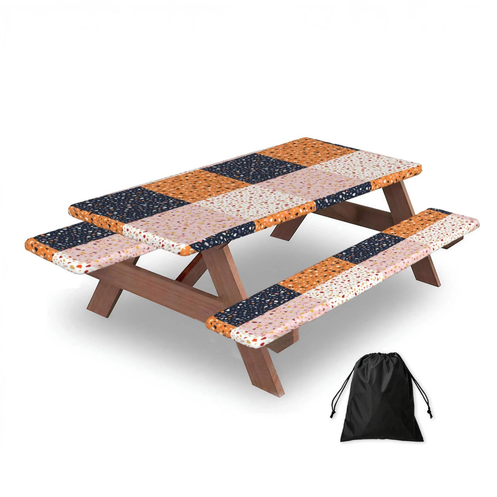Dopklna As Picture Seamless Vector Terrazzo Patterns, Picnic Table Cover With Bench Covers -Waterproof Elastic Fitted Tablecloth For Garden Camping Patio 76X152cm