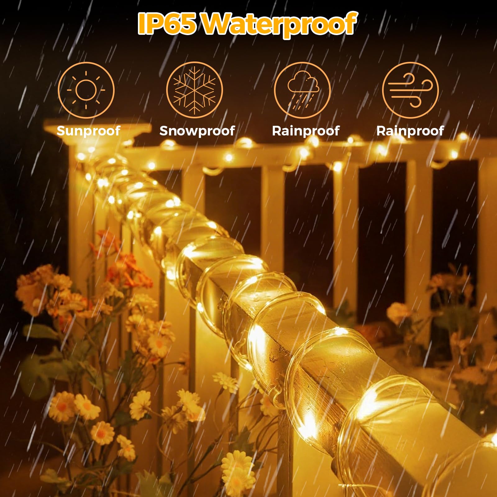 Aofonchy Solar LED Rope Lights Outdoor, 66Ft 200 LEDs Waterproof Tube String Lights with 8 Modes & Remote Control - Image 2