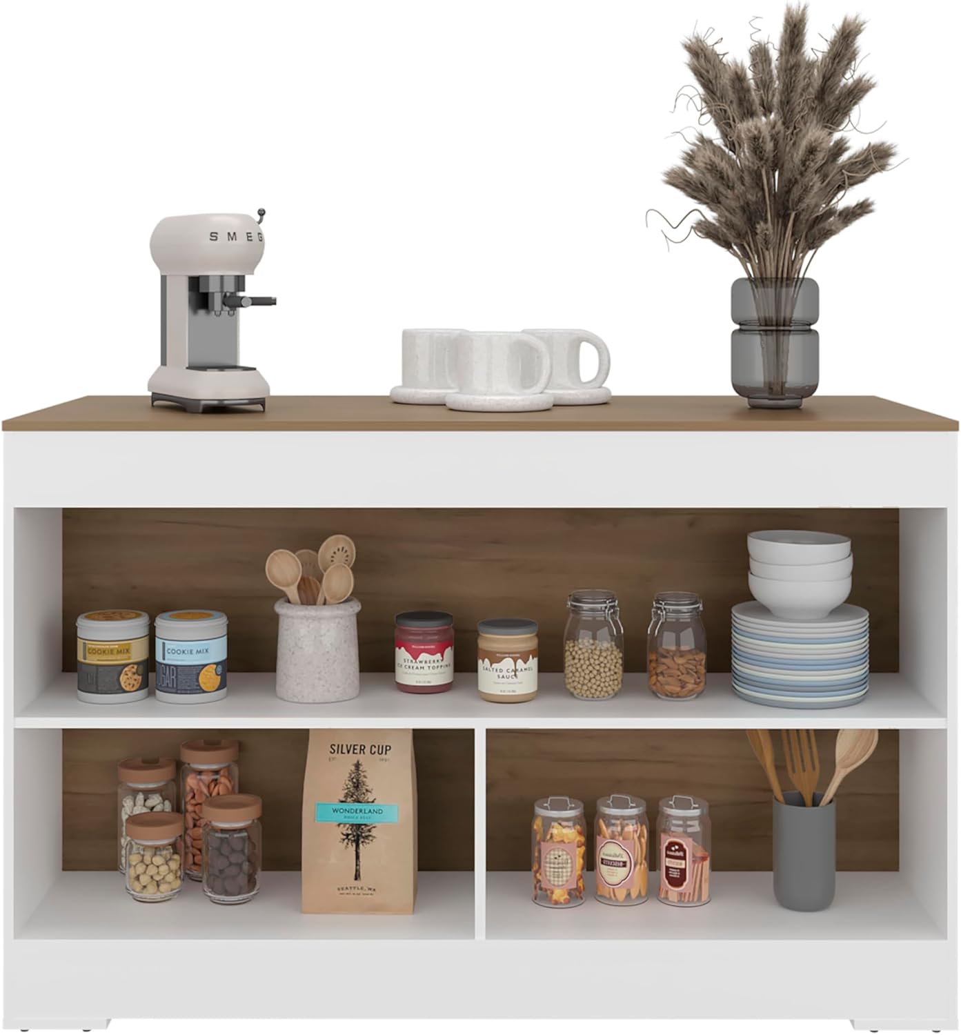 54" Durable Kitchen Cart with Storage, Coffee Cart with Open Shelves, Dining Room Island Cart for Kitchen Use, White+Natural