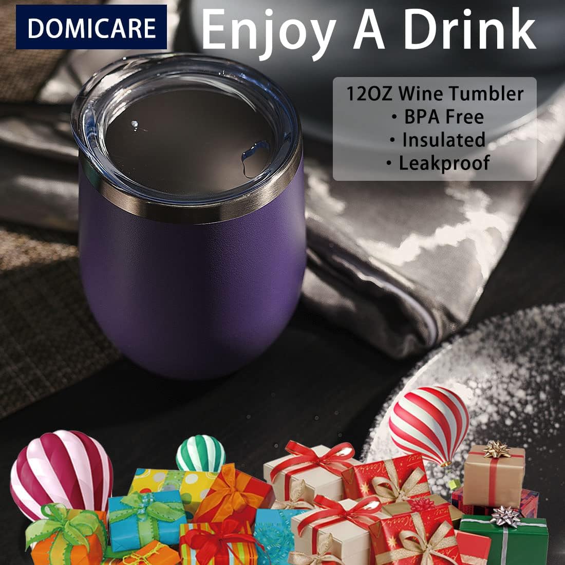 DOMICARE Stainless Steel Wine Tumbler Bulk with Lid, Personalized Insulated Tumblers Set, 12oz Travel Coffee Cups Pack of 1, Purple - Image 6