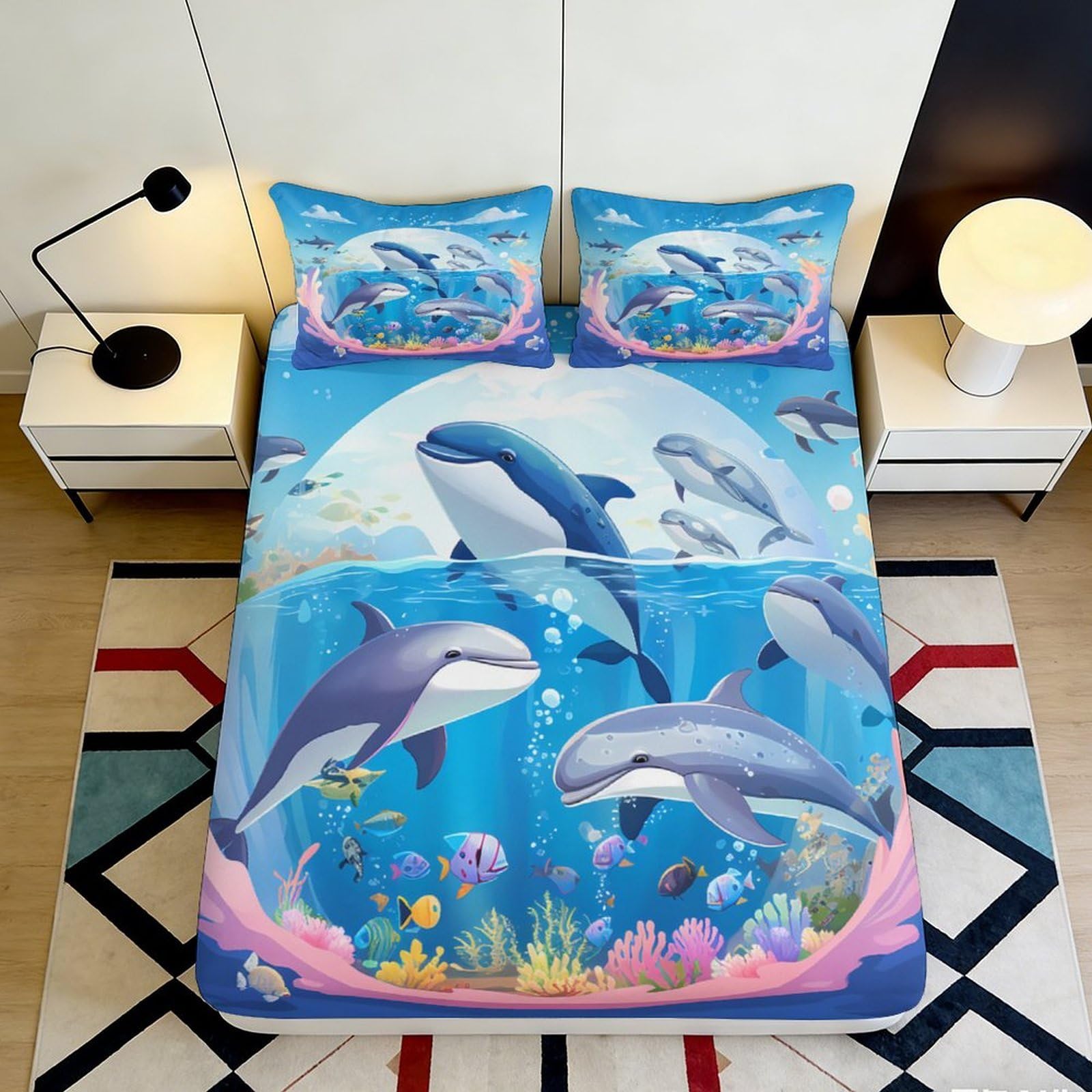 3D Printed Dolphin Ocean Fitted Sheet Microfiber Soft Durable Underwater Bed Sheet Mattress Cover for Bedroom Dormitory Guest Room Protection Decor 180x200x25cm