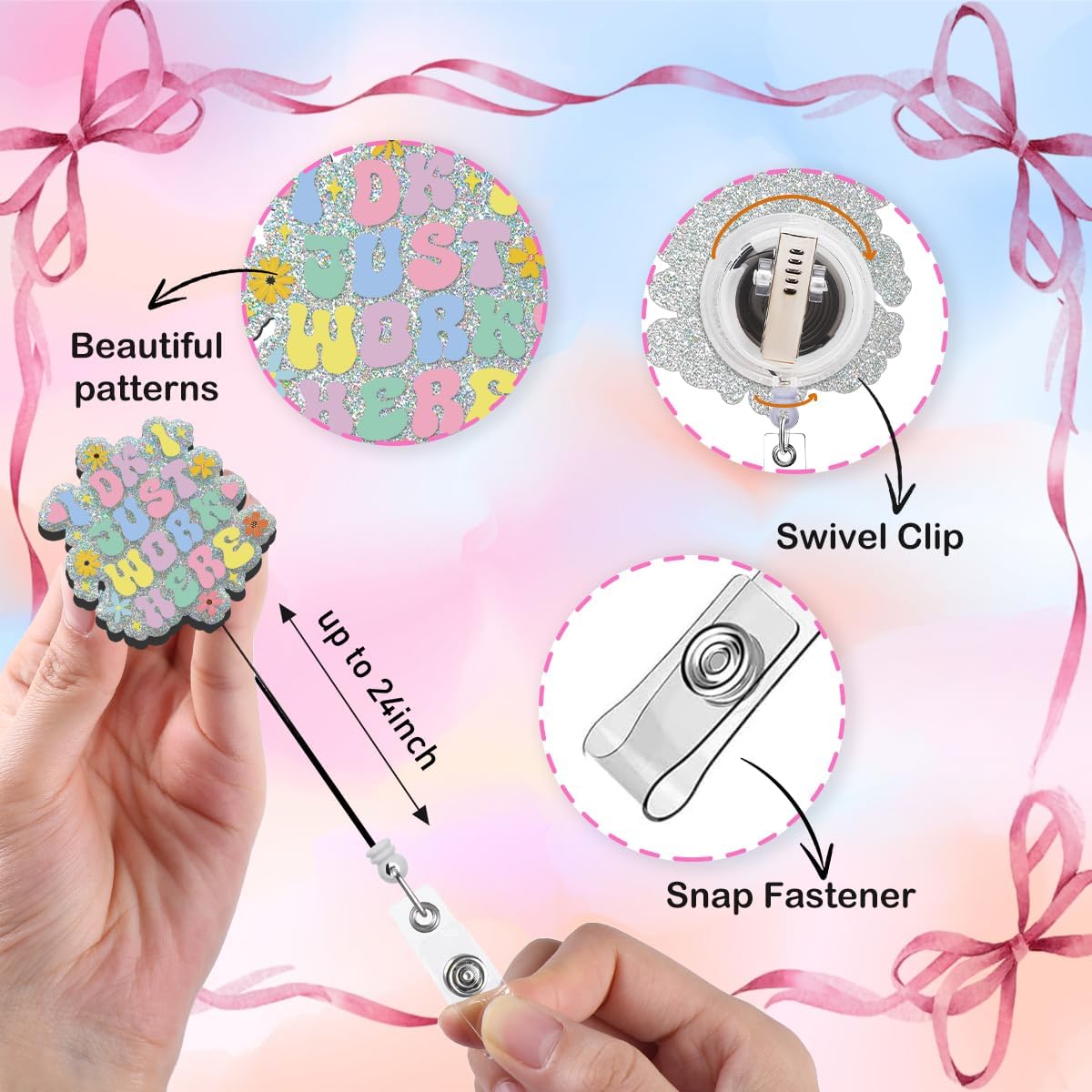 Retractable Badge Reel I DK I Just Work Here, IDK Nurse Pink Badge Holders with Clip, Funny Cute Nursing Badge Reels for Women Medical Assistant Office Worker Teacher Student CNA LPN RN Gifts image 3