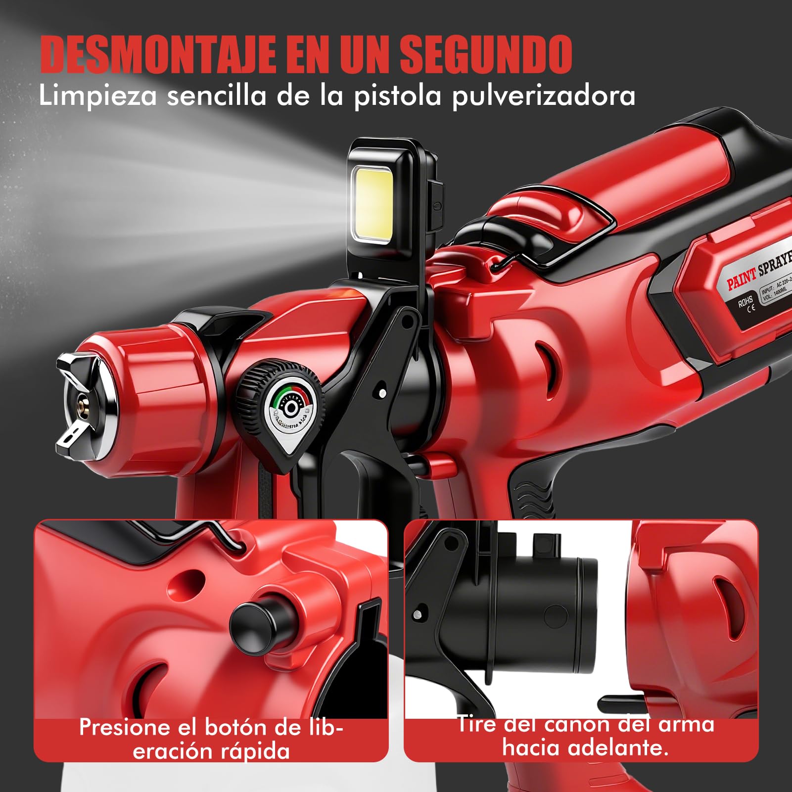 Pistola Pintura Electrica, 650W 1400ml Pulverizador De Pintura Profesional Electrico con 3 Boquillas Y 3 Patrones, Hvlp Pistola para Pintar Paredes Y Techos con Flujo Y Ancho De Rociado Ajustables