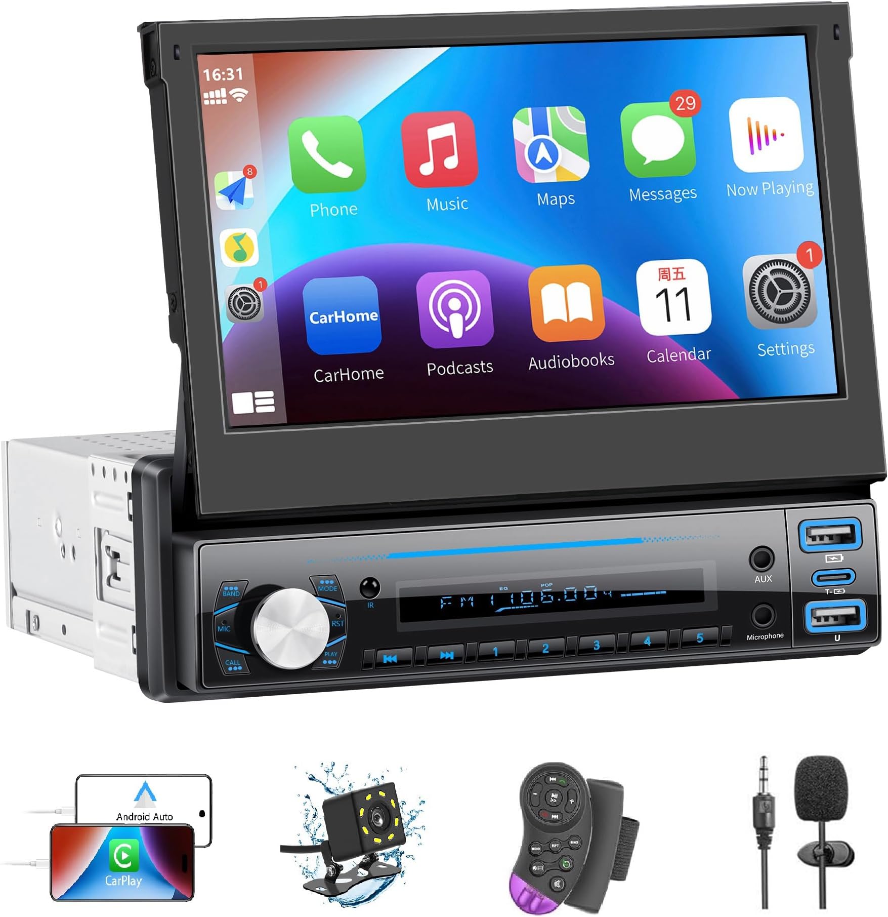 CAMECHO Autoradio Bluetooth avec Carplay et Android Auto Lecteur de