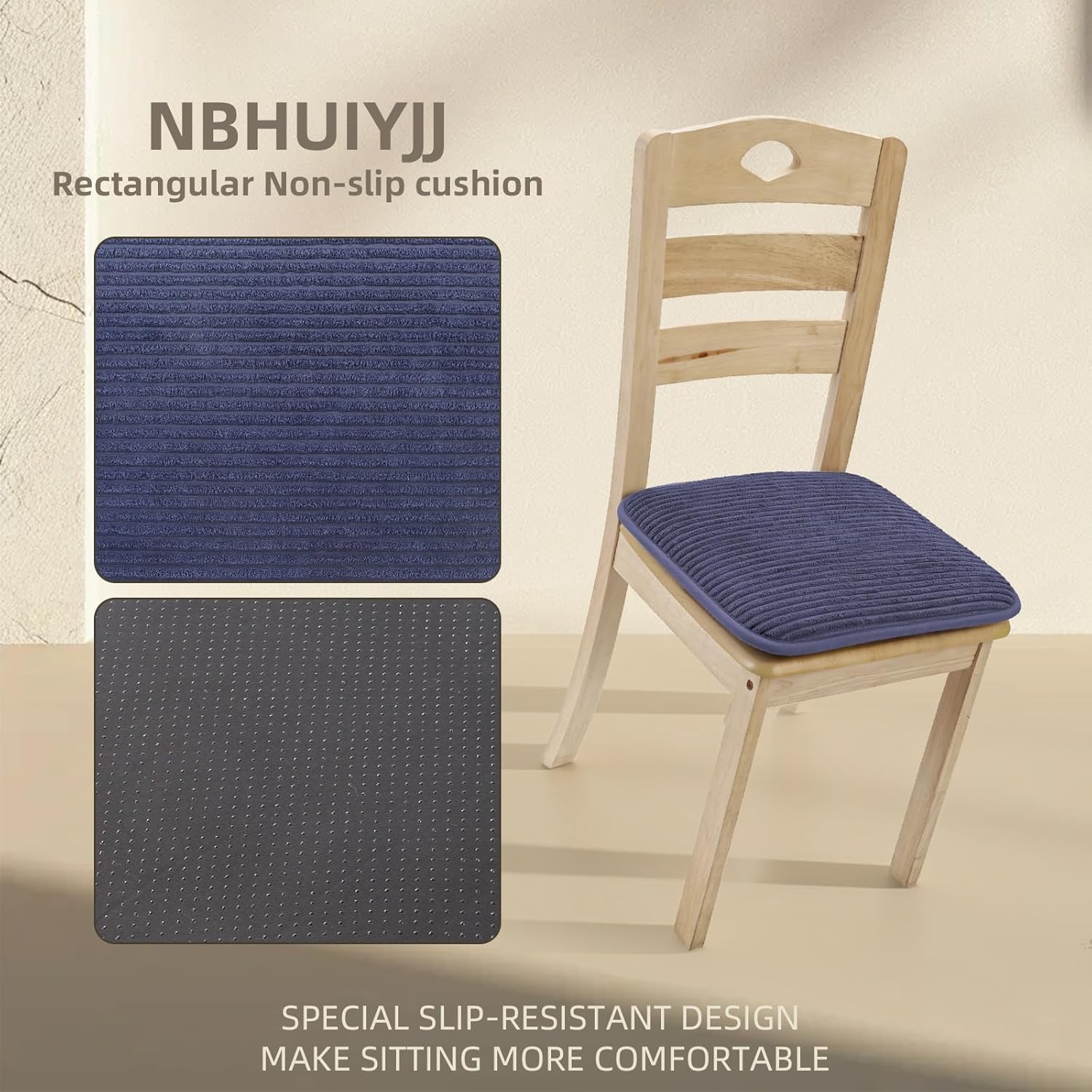 Memory Foam Chair Cushion, Tufted Non-Slip Back Rectangle 17 x 15 Inches Seat Pads for Office, Dinning Room, Kitchen, 2 Counts, Dark Blue