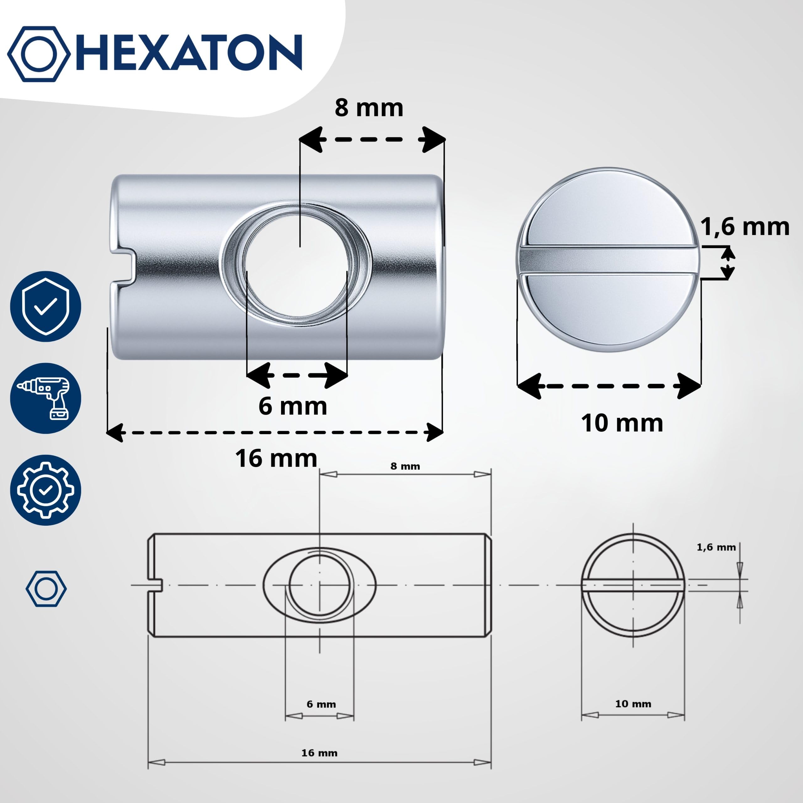 HEXATON Corps Écrous Cylindriques à fente chevilles Symétrique - M6 x 10 x 16 mm - 50 pièces - Acier Galvanisé Blanc