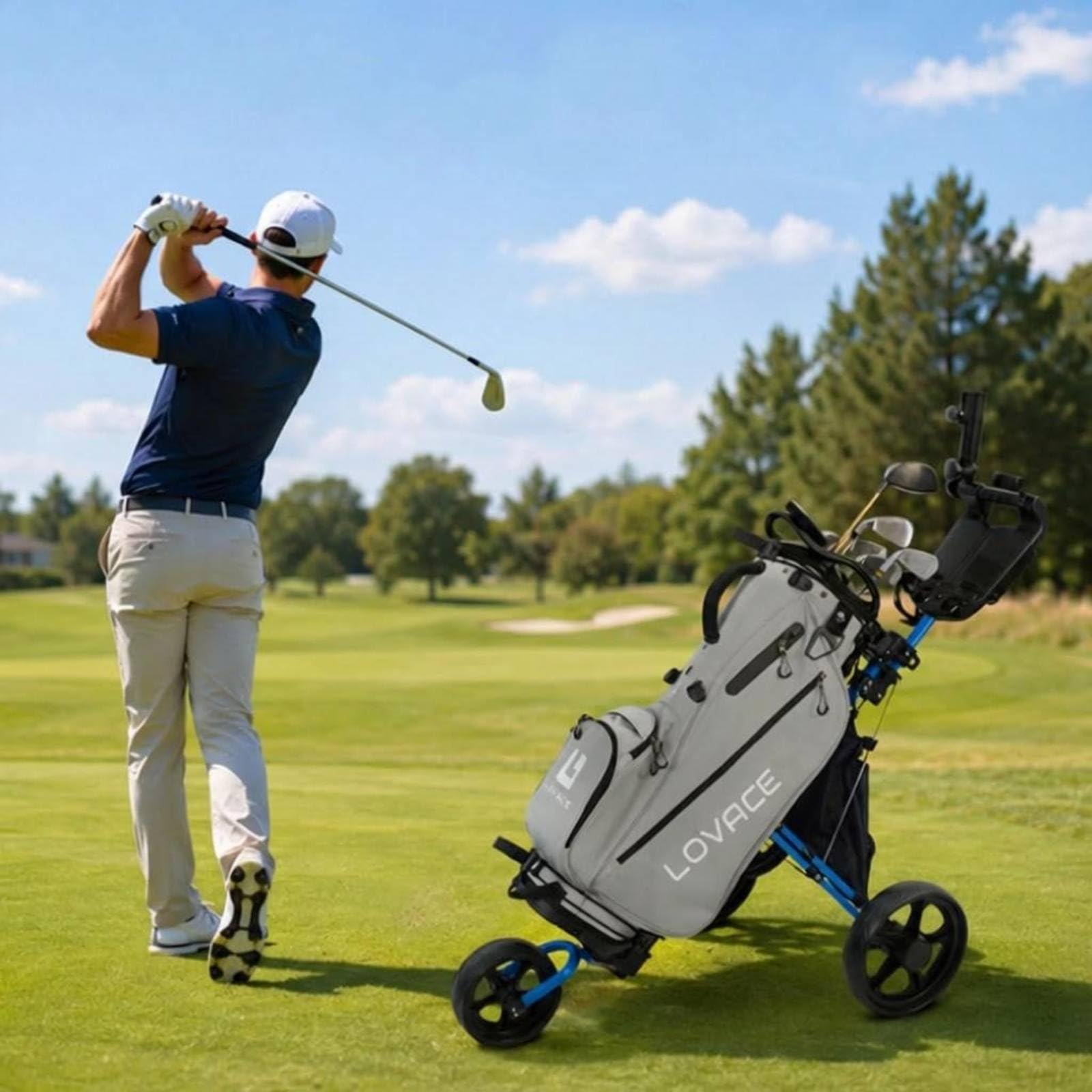 Carro de Golf Plegable Carrito Trolley Empujable con Estructura de Aleación de Aluminio Ruedas Estables Porta y Soporte para Marcador Adecuado para, Azul