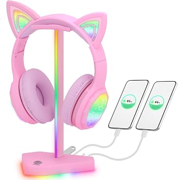 RGB Headphones Stand with 1 USB-C Data Transmission& 3 Type-C Charging Port, Desk Gaming Headset Holder with 7 Light Modes and Non-Slip Rubber Base Pink