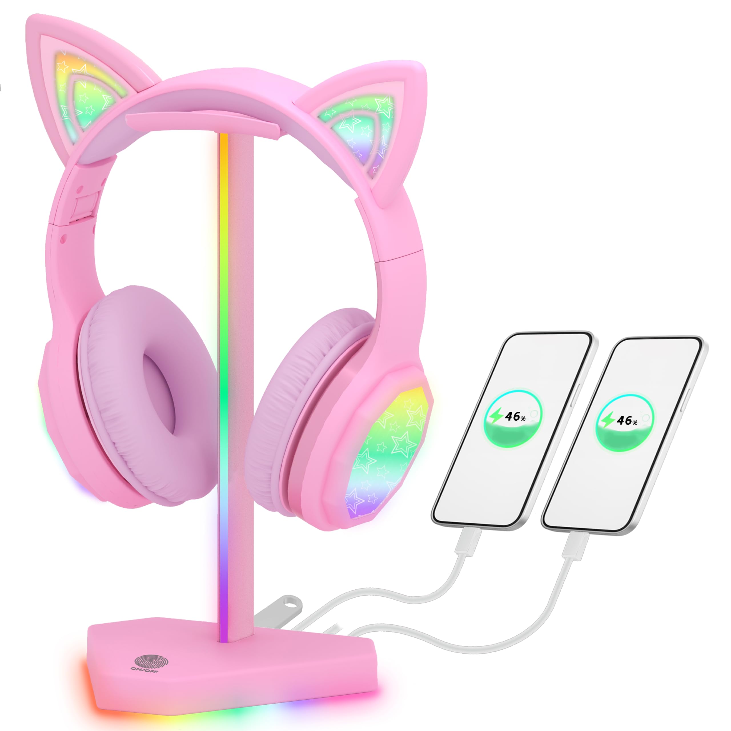 RGB Headphones Stand with 1 USB-C Data Transmission& 3 Type-C Charging Port, Desk Gaming Headset Holder with 7 Light Modes and Non-Slip Rubber Base (