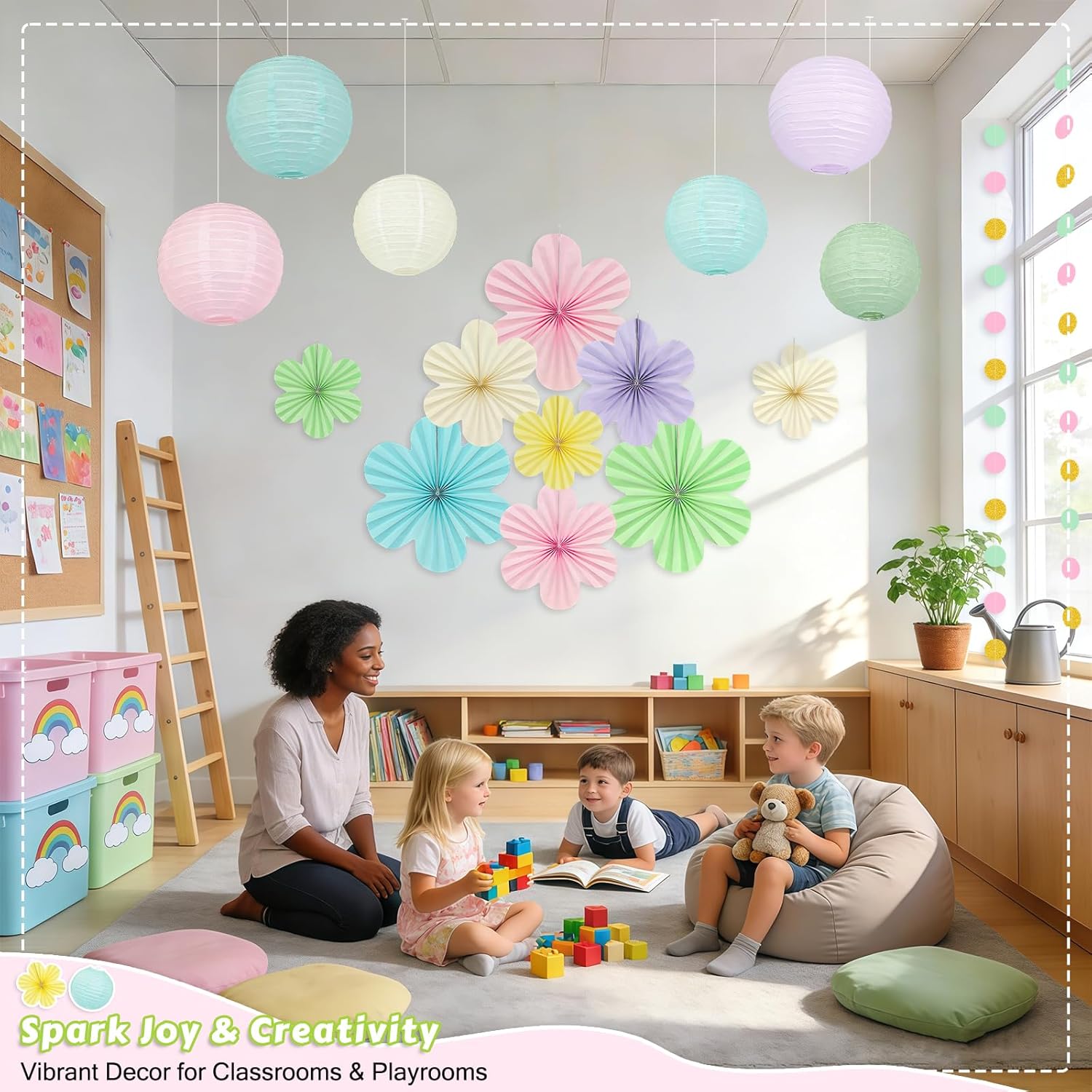 20Pcs Pastel Party Decorations & Hanging Paper Lanterns - Flower Fans Set with Glitter Garland for Pastel Classroom Decor, Office, Baby Shower, Wedding, Spring & Easter Wall Decor - Image 3