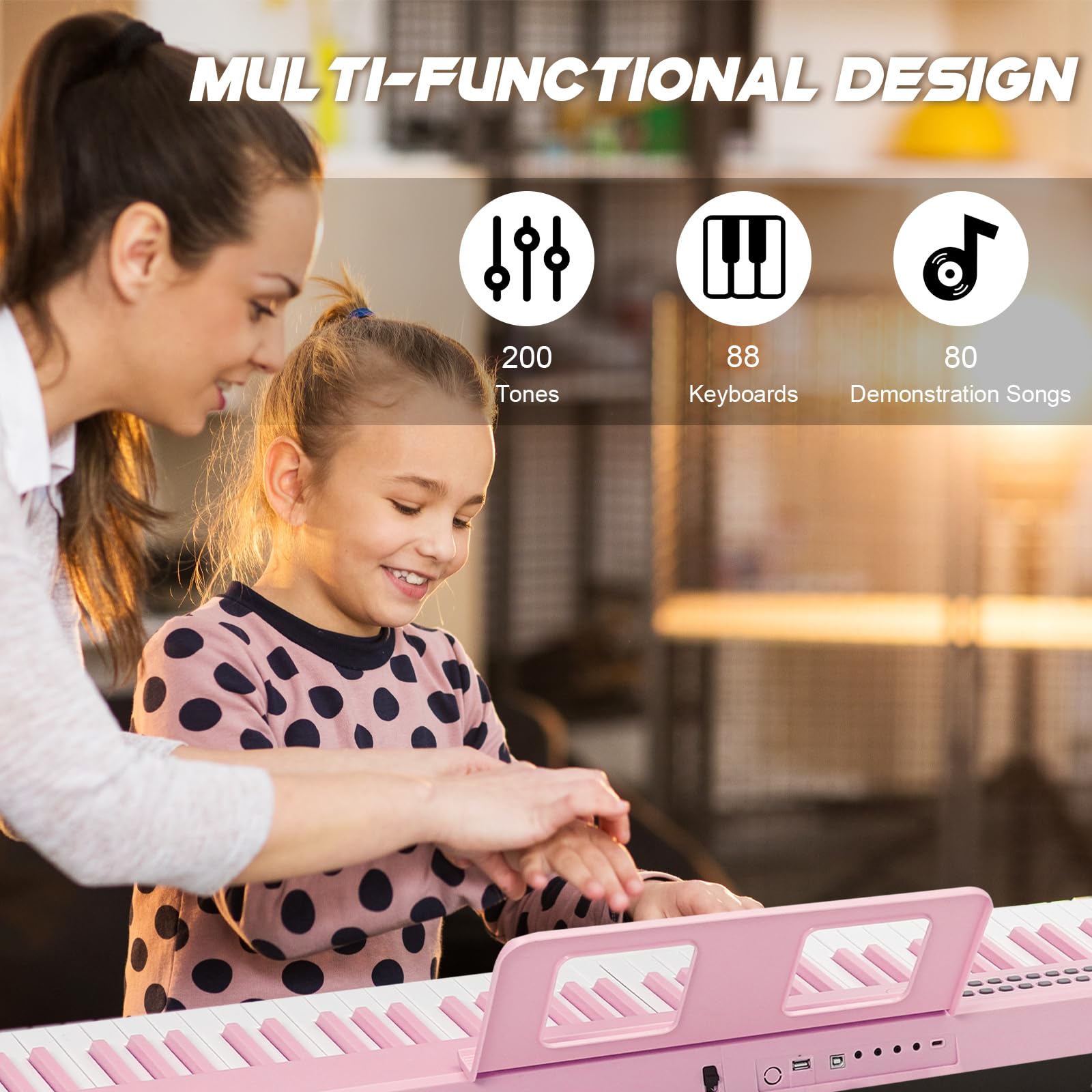 Tastiera per pianoforte a 88 tasti, pieghevole, portatile, con tasti illuminati, pedale professionale, Bluetooth, cuffie, MIDI, 200 suoni, 80 canzoni demo, modalità lezione per principianti, rosa