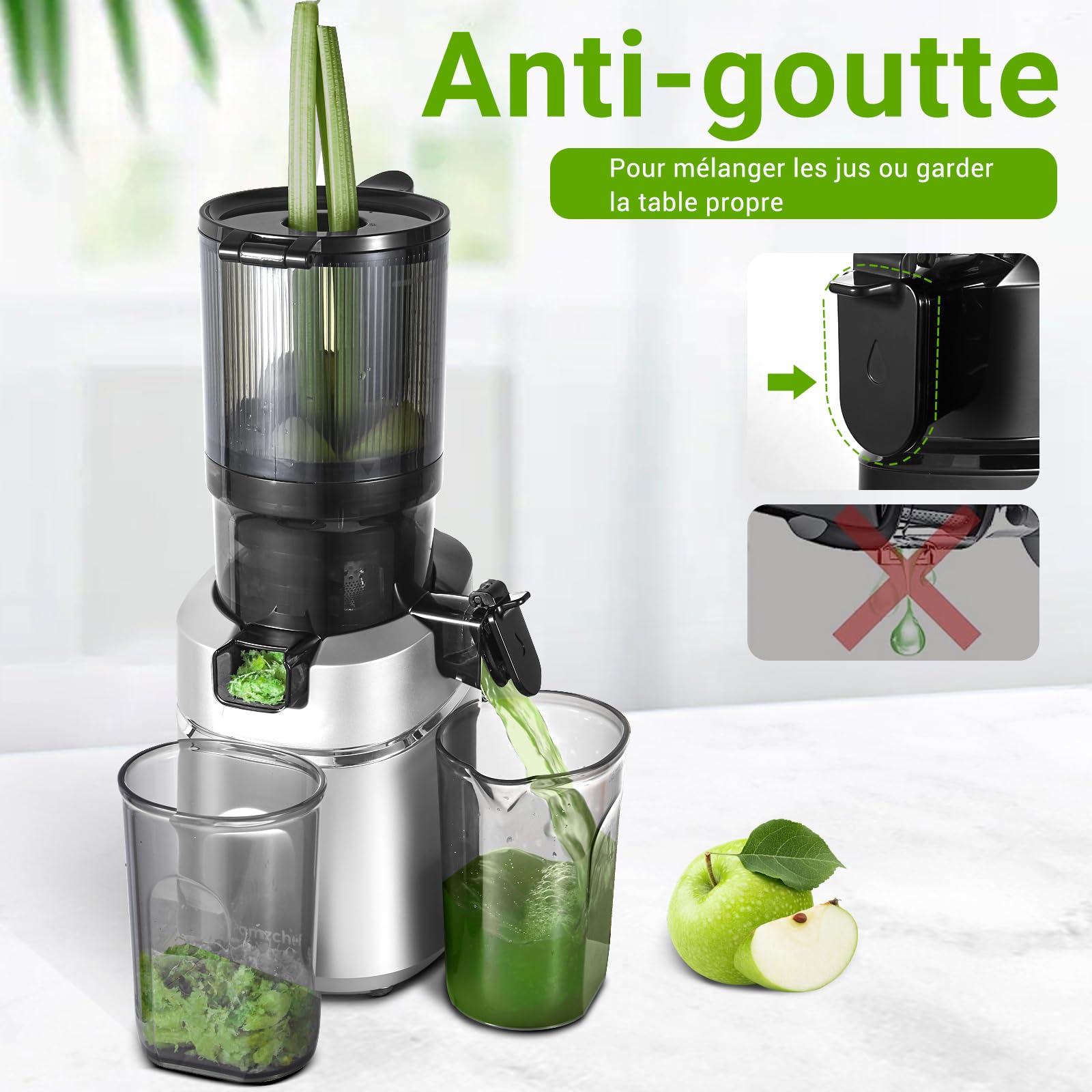 AMZCHEF Extracteur de jus automatique 250W 135mm 1,8L Argent