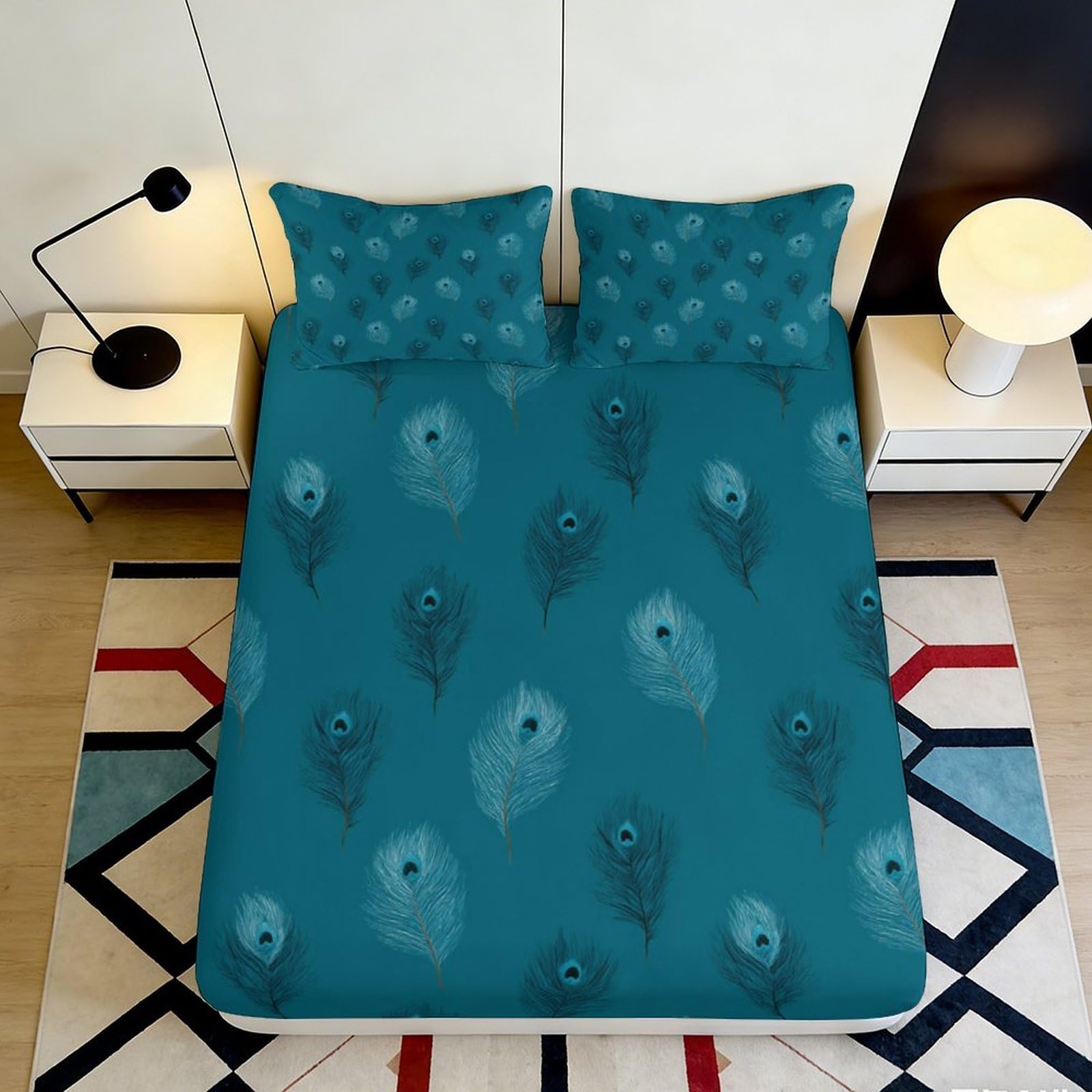 Pnayamiorkfel Style-8 3D Printed Peacock Feather Fitted Sheet Microfiber Turquoise Bed Cover For Bedroom, Dorm, Easy Care, Mattress Protection 90X200x25cm