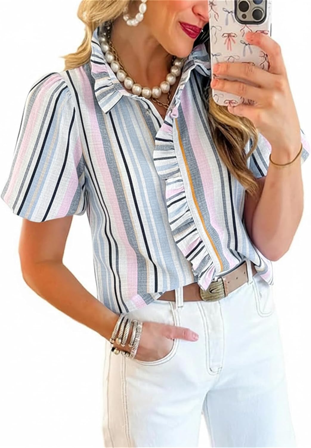 Disamer Womens Puffy Sleeves Tops Button Down Shirt Ruffle Shirt Short Striped Work Tops Trendy Babydoll Stand Collar Blouse