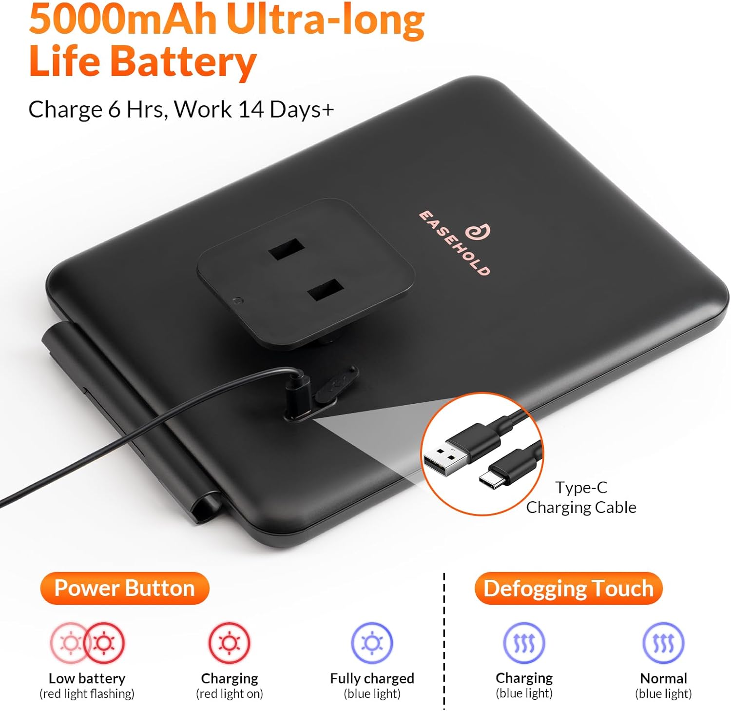 EASEHOLD Shower Mirror Fogless for Shaving, Heated LED Mirror with 3 Color Lights, Adjustable Anti Fog Razor Holder and Storage Tray, 5000mAh Rechargeable Light Up Mirror Bathroom for Men