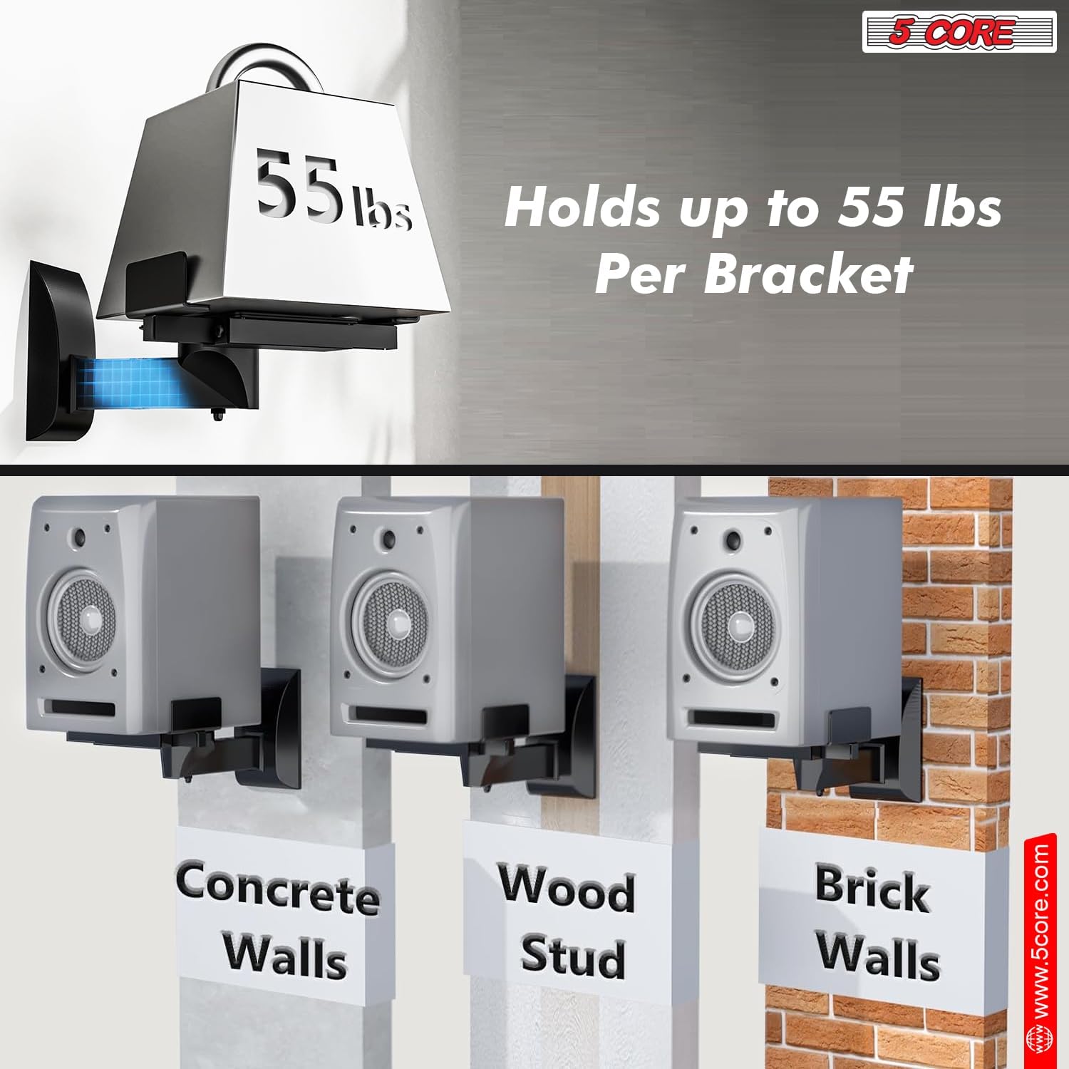 5 CORE Speaker Wall Mount Pair Adjustable Universal Heavy Duty Bookshelf Mounting Brackets for Large or Small Speakers 180° Swivel 50 Lbs Capacity - WST 04-15 Pair