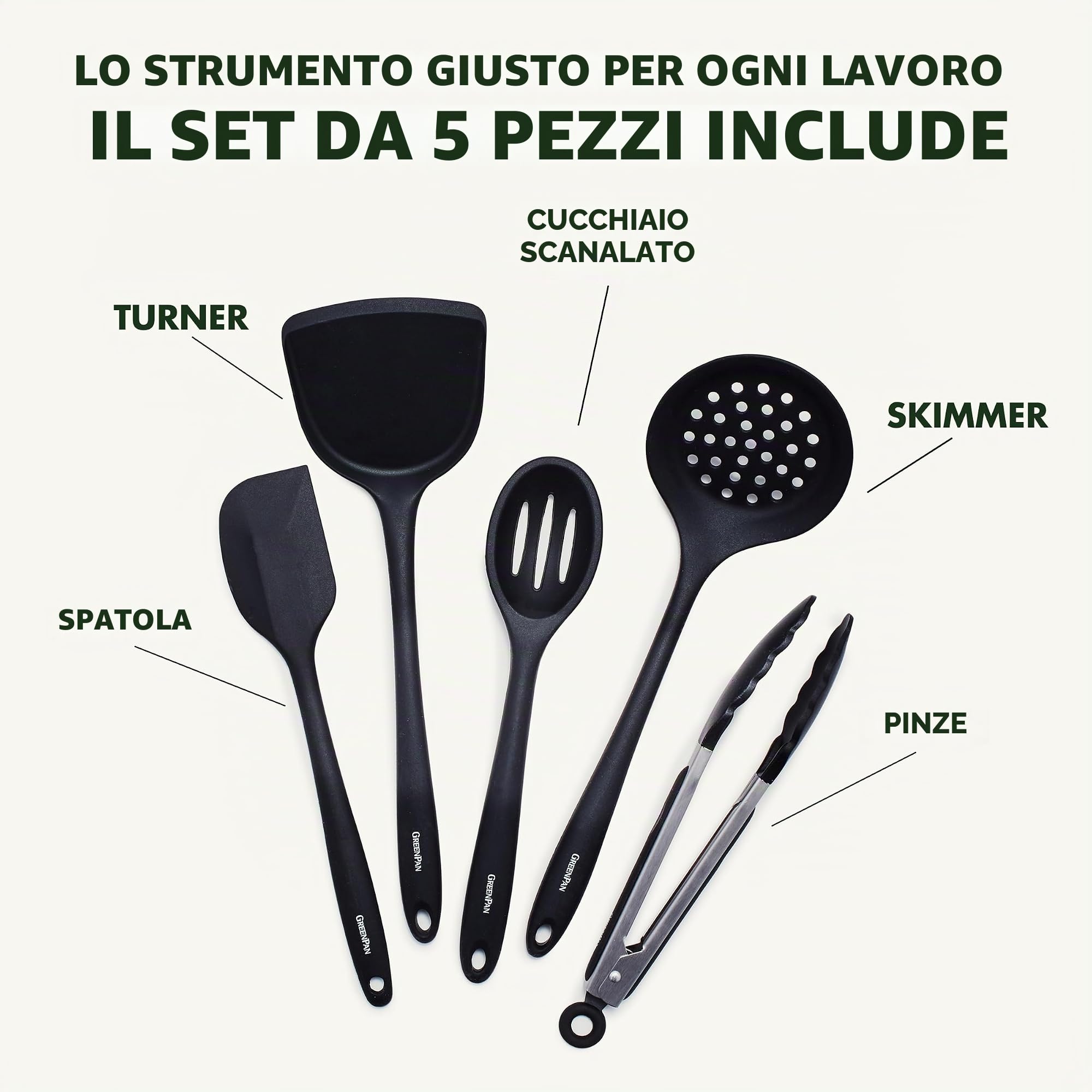 GreenPan Set di utensili da cucina, 5 pezzi, nero