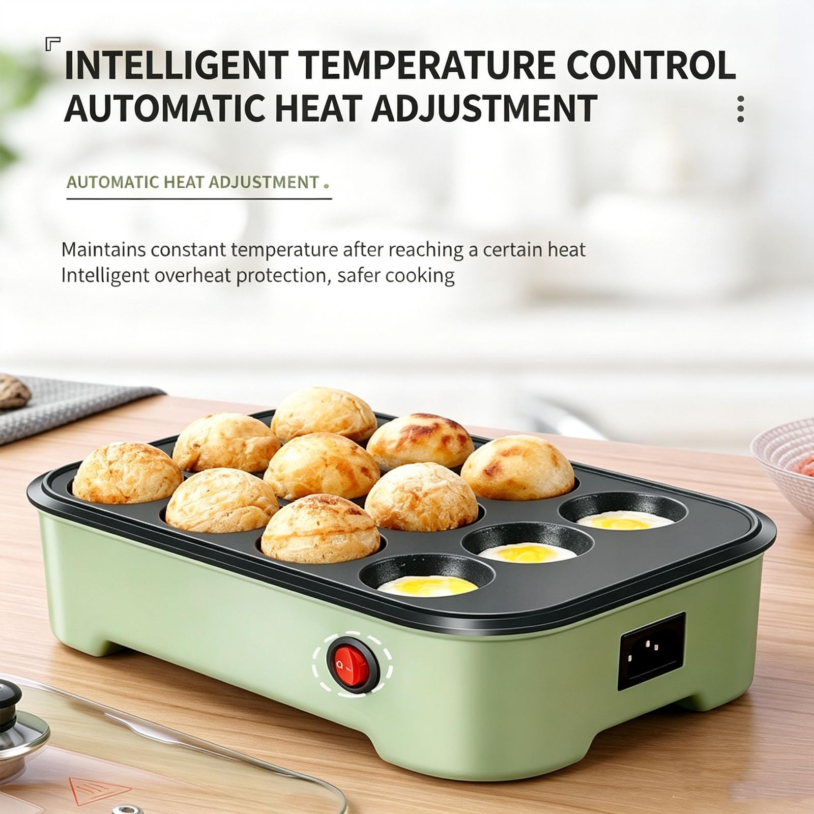 Appareil À Takoyaki 12 Trous, Poêle Électrique 800 W avec Couvercle, Contrôle Automatique De La Température, Revêtement Antiadhésif pour Préparer des Takoyaki, Œufs Au Plat, Beignets Et
