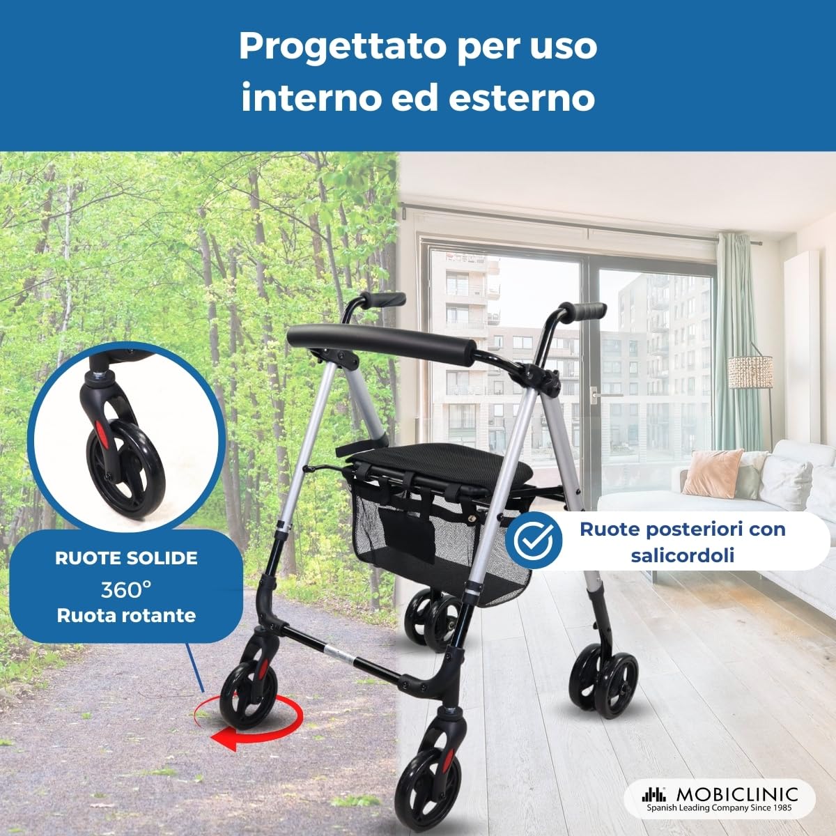Mobiclinic®, Deambulatore per adulti, Pieghevole, Leggero, Sedile e cestino xxl, Supporto bastoni, Altezza regolabile, In alluminio, Freni a pressione, Dehesa, Ruote piene, Grigio perlato