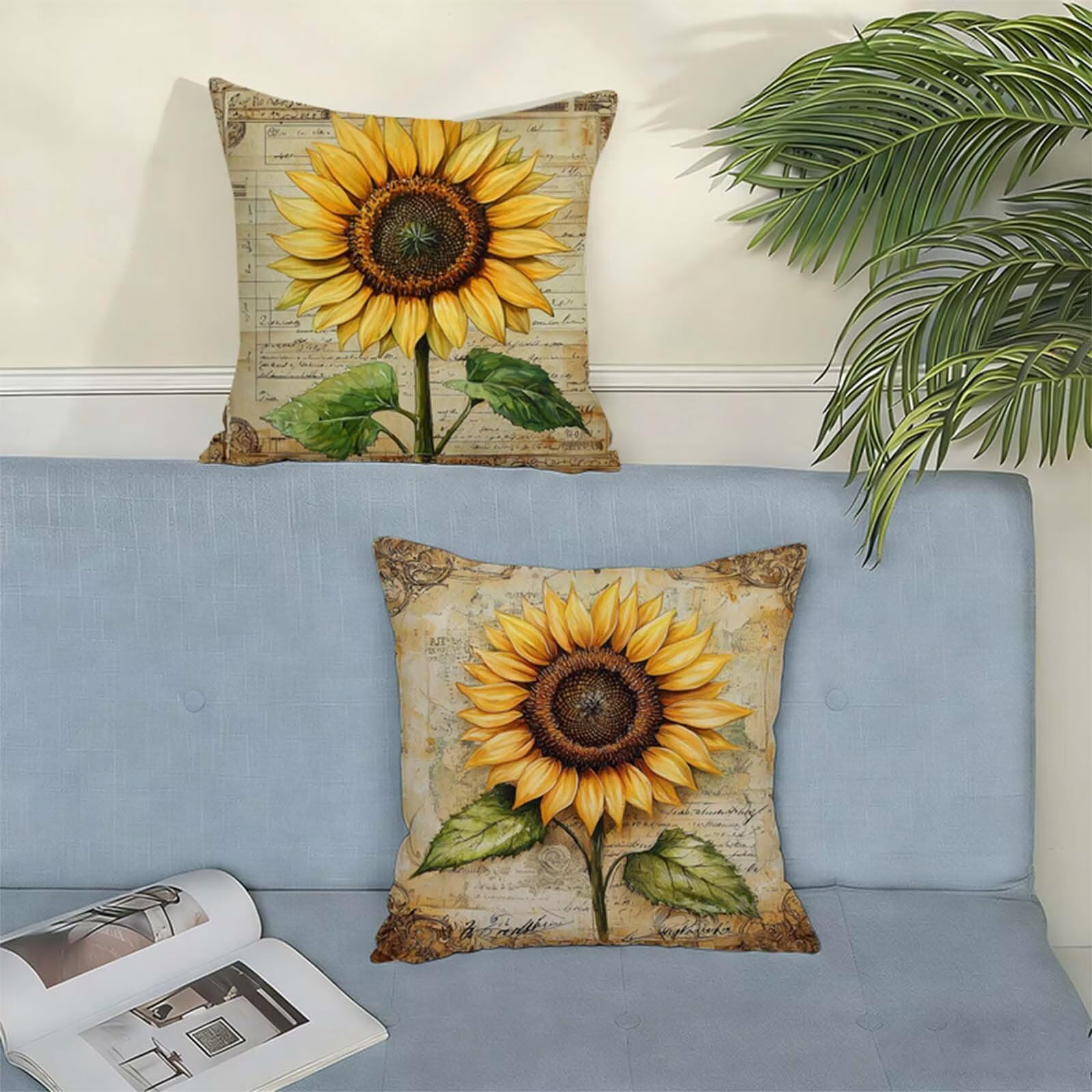 Fundas Cojines 80 x 80 CM Amarillo Juego de 2, Impermeable Exterior Funda Cojin Lino, Cómodo Transpirables, Antimanchas y Durable Funda de Cojines Girasol, para Salón, Dormitorio Decoración Hogar X-8
