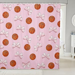 jejeloiu Basketball Bathroom Accessories Pink Bow Shower Curtain for Bathroom Decor for Kids Boys Girls Teens Gaming Sports Bath Curtain Cute Bowknot Room Decor 72"x72" Gift for Basketball Lover