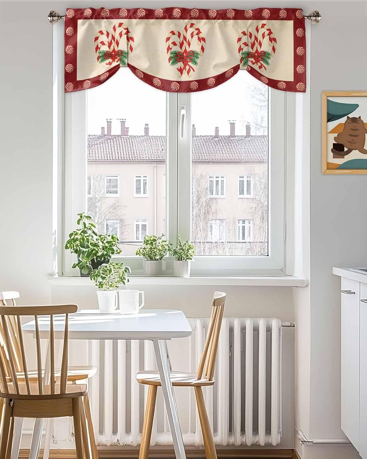 Tie Up Valances for Kitchen Windows, Christmas Candy Cane Curtain Valance Window Topper for Living Room, Adjustable Balloon Drape Valance, Light Filtering Rod Pocket Small Window Valance , 60x18