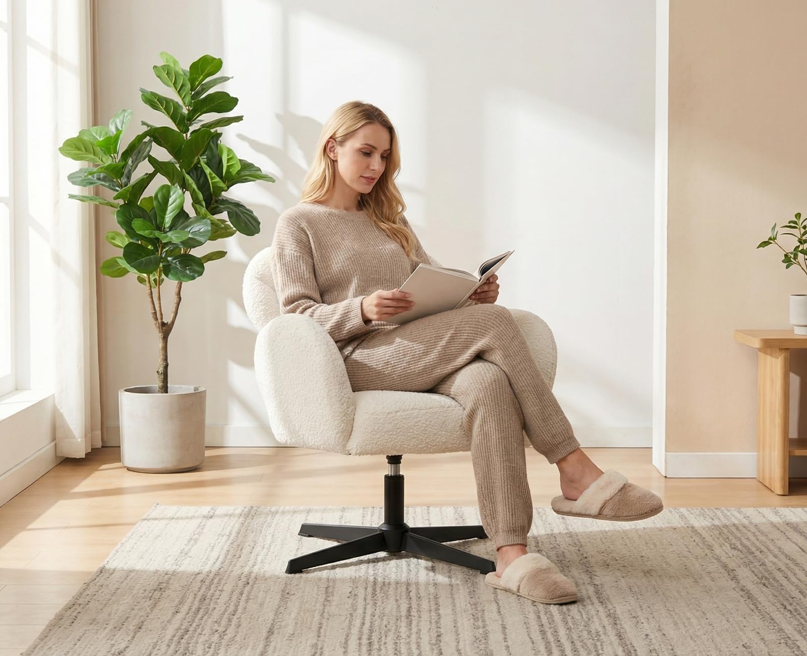 chairus Sillón Butaca de Salón de Lana Sintética Sillón Lectura Habitación Giratoria con Reposabrazos, Silla Individual de Ocio con Base de Metal para Hogar/Dormitorio, Blanco