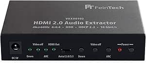 FeinTech VAX00102 HDMI Audio Extractor 4K 60Hz, HDMI Audio Splitter auf Optisch (SPDIF/Toslink), Coaxial und Cinch, Unterstützt HDMI ARC, HDR, Dolby Vision, 5.1, PCM Stereo