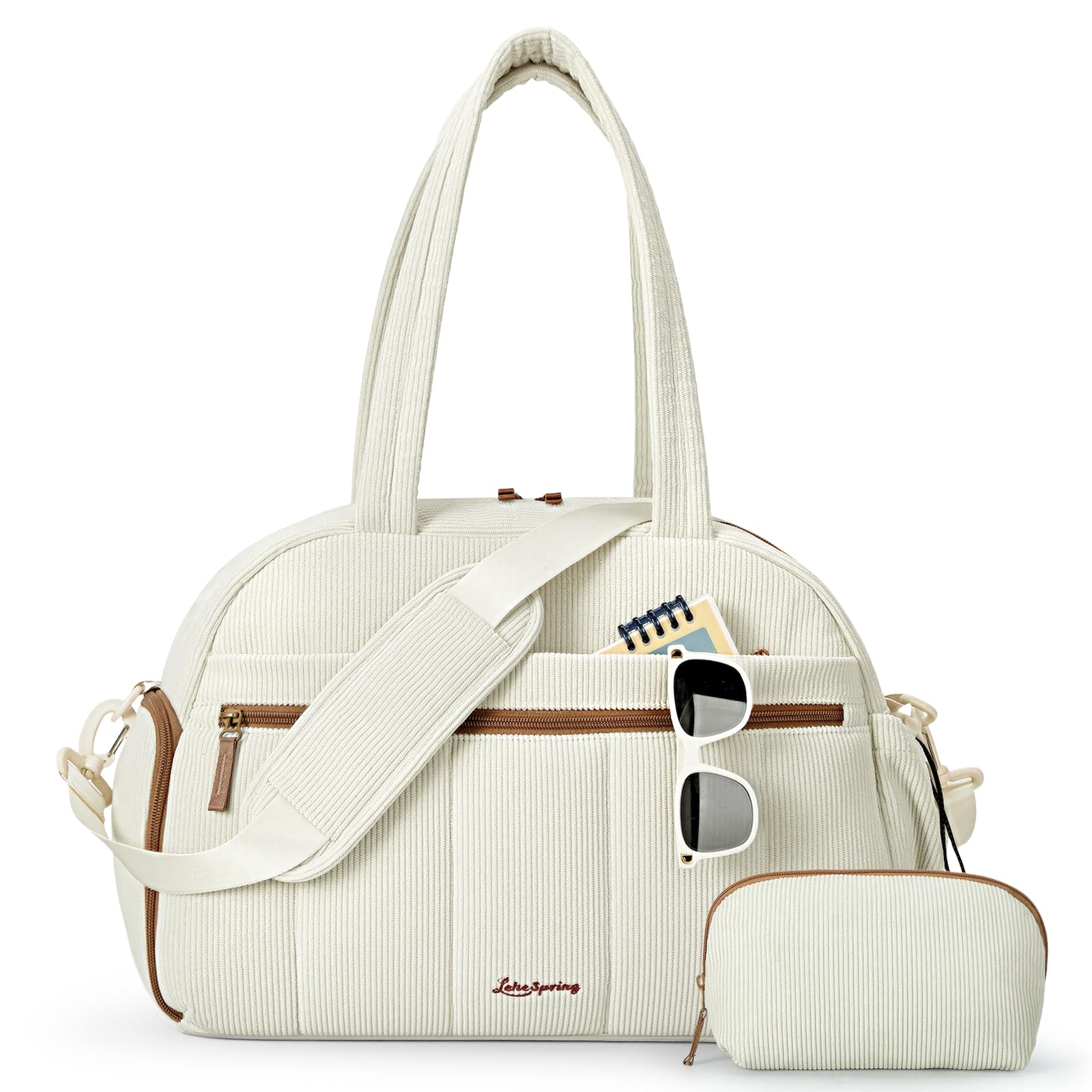 Sac de Voyage Femme en Velours Côtelé, Sac Sport Léger 24 L, Sacs Weekend Bagage à Main avec Trousse Toilette et Sacs Imperméable en PVC Idéal pour l'hôpital Voyages Vacances Sport, Beige