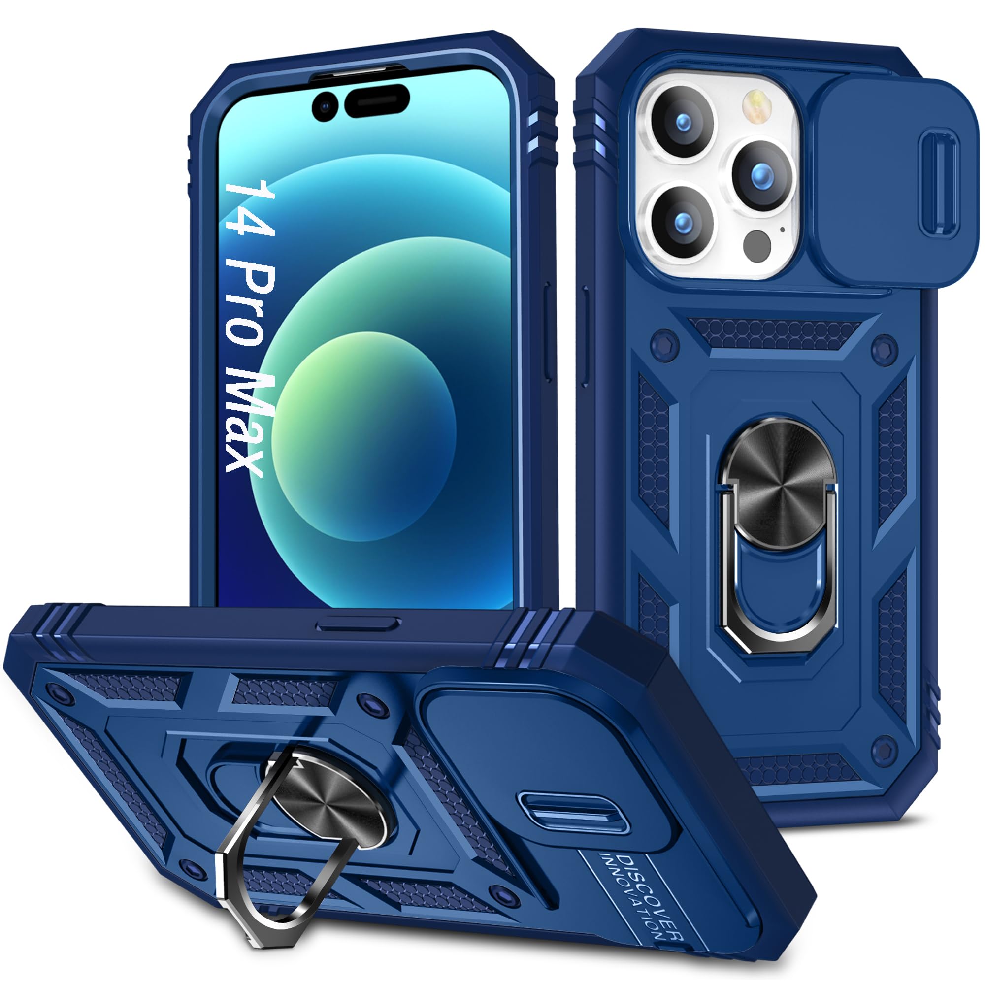Coque iPhone 14 Pro Max antichoc avec protège-objectif coulissant bleu 6,7"