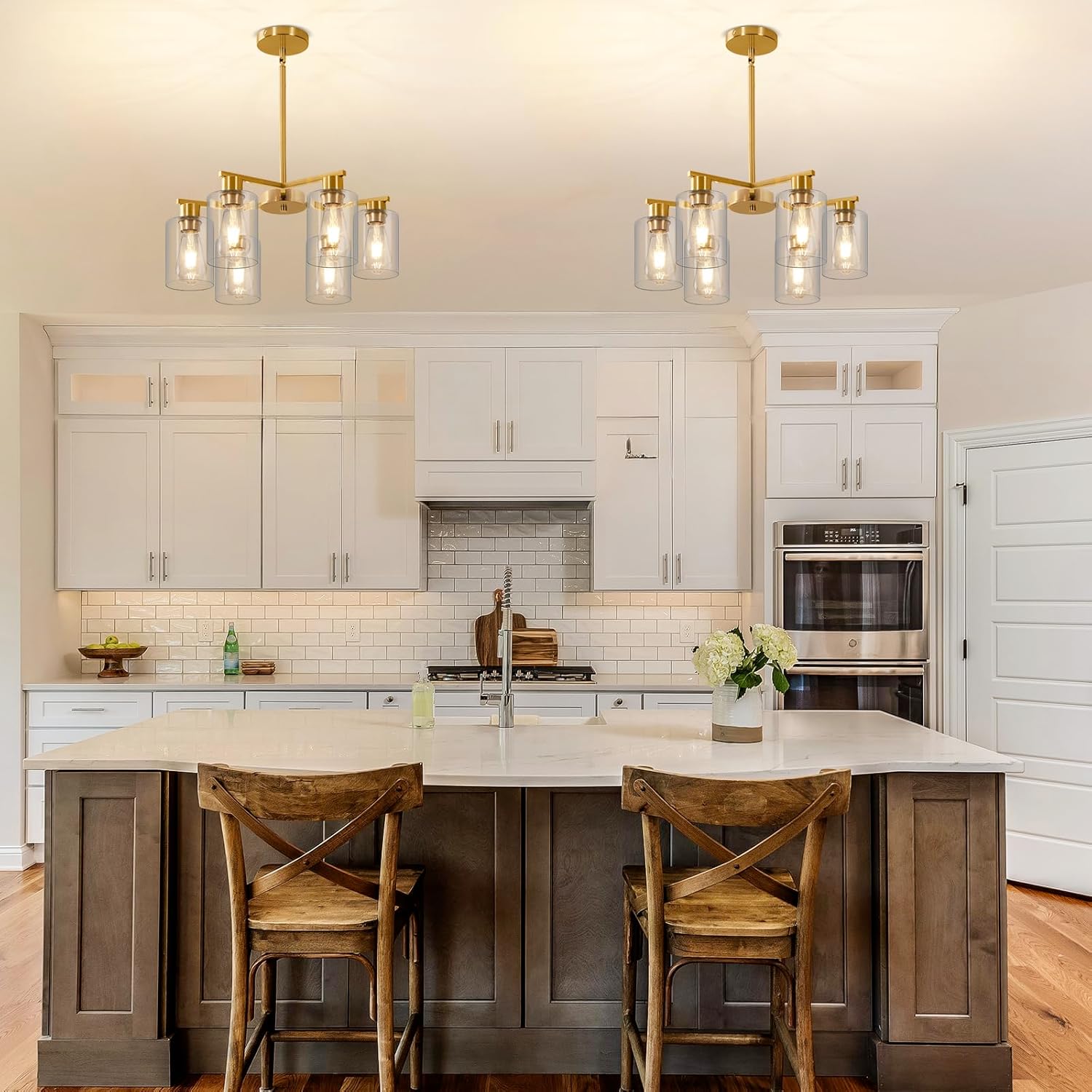 Modern Farmhouse Gold Chandelier 6-Light Industrial Dining Room Light Fixture with Clear Glass Shades Adjustable Height Hanging Pendant Lights for Living Room Kitchen Island Entryway