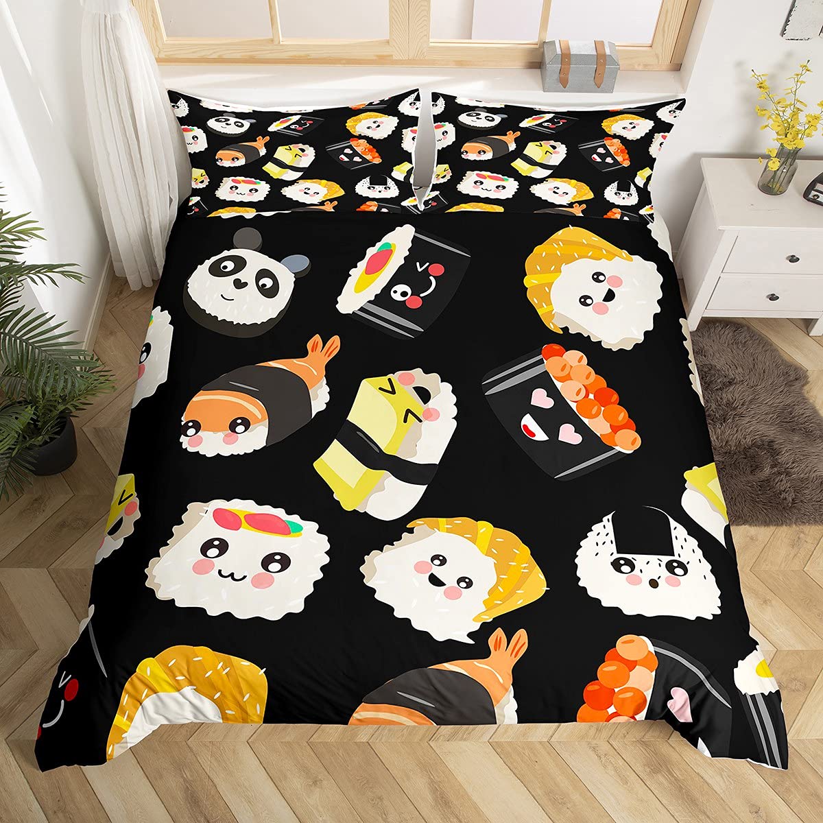 Juego de funda de edredón de sushi súper King, juego de ropa de cama de sushi kawaii con dibujos animados de dibujos animados de estilo japonés, juego de funda de edredón con estampado de alimentos