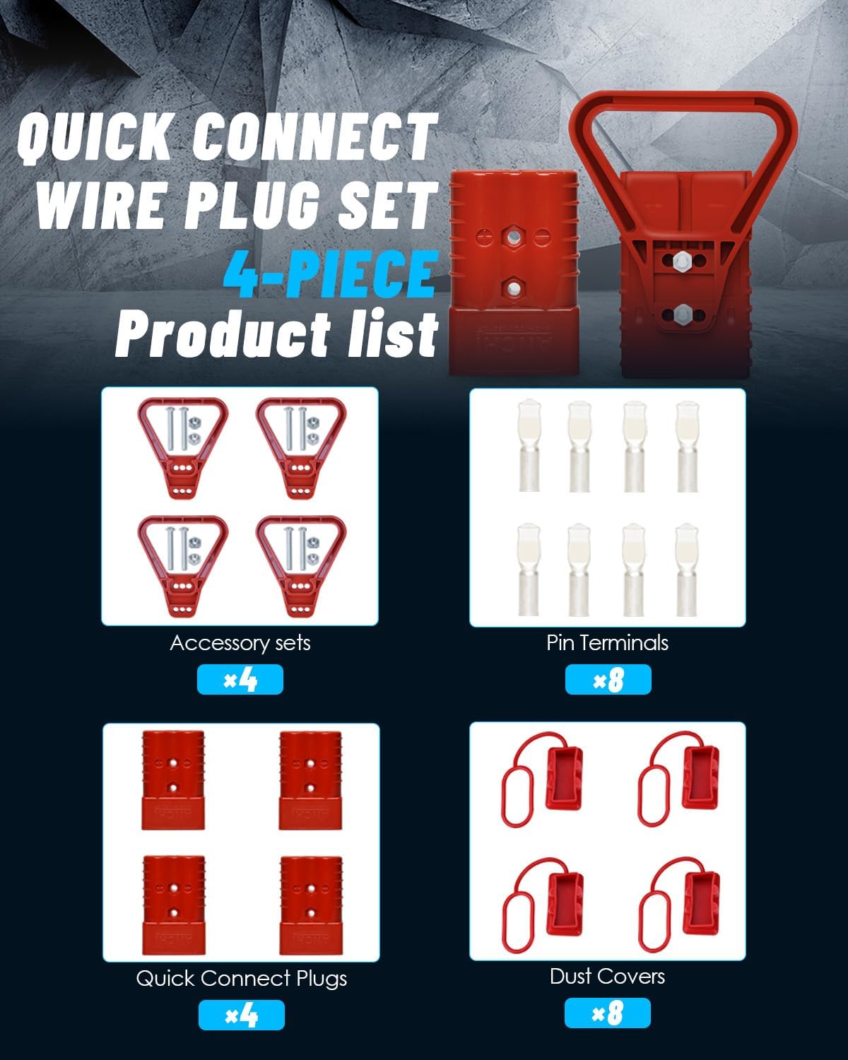 Kit 350 Amp 4Pcs Connectors Plugs 350A Quick Connect Disconnect 600 V+ 4 Pcs 350 amp Handle Battery Power Connector+4 Pcs Cover Dust (350A Red 4Pcs 2/0AWG)