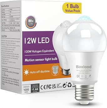 Motion Sensor Light Bulbs, 12W100W Equivalent A19 E26 3000K Auto On/Off
