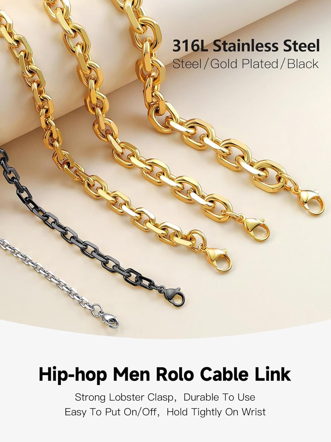 Cable Chain Stainless Steel Necklace for Men Women, 3/5/8/10/13MM Width, 18K Gold Plated/Black Metal/316L Stainless Steel Sturdy Rolo Link Chain Necklace, 18-30inch Length - Image 4