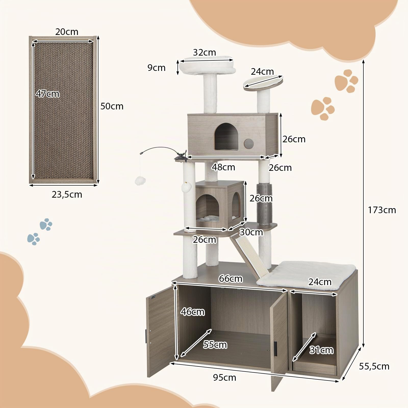 COSTWAY Albero per Gatti con Mobile per Lettiera, Torre per Gatti Moderna 2-in-1 con Doppie Cucce, Piattaforma Superiore, Pali in Sisal, Tiragraffi, Rampino, Piattaforma e Palline, Grigio