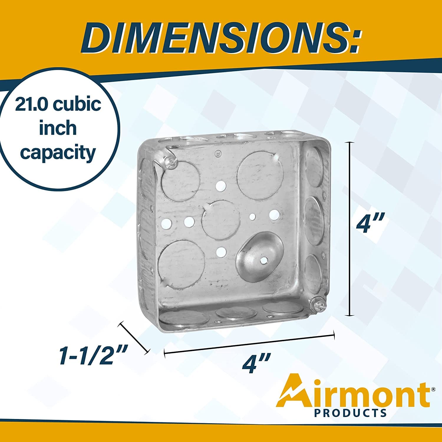 (12 Pack) 4'' Square Electrical Box, Drawn Construction, Ten 1/2'' and Six 3/4'' Knockouts, Raised Ground, 21.0 Cu. in. Capacity, 1-1/2'' Deep, Galvanized Steel, Combination Screw Heads