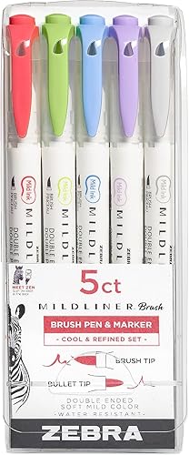 Zebra Pen Mildliner 79205 - Marcador de pincel de doble punta y punta fina, ideal para resaltar la Biblia, varios colores frescos y refinados,