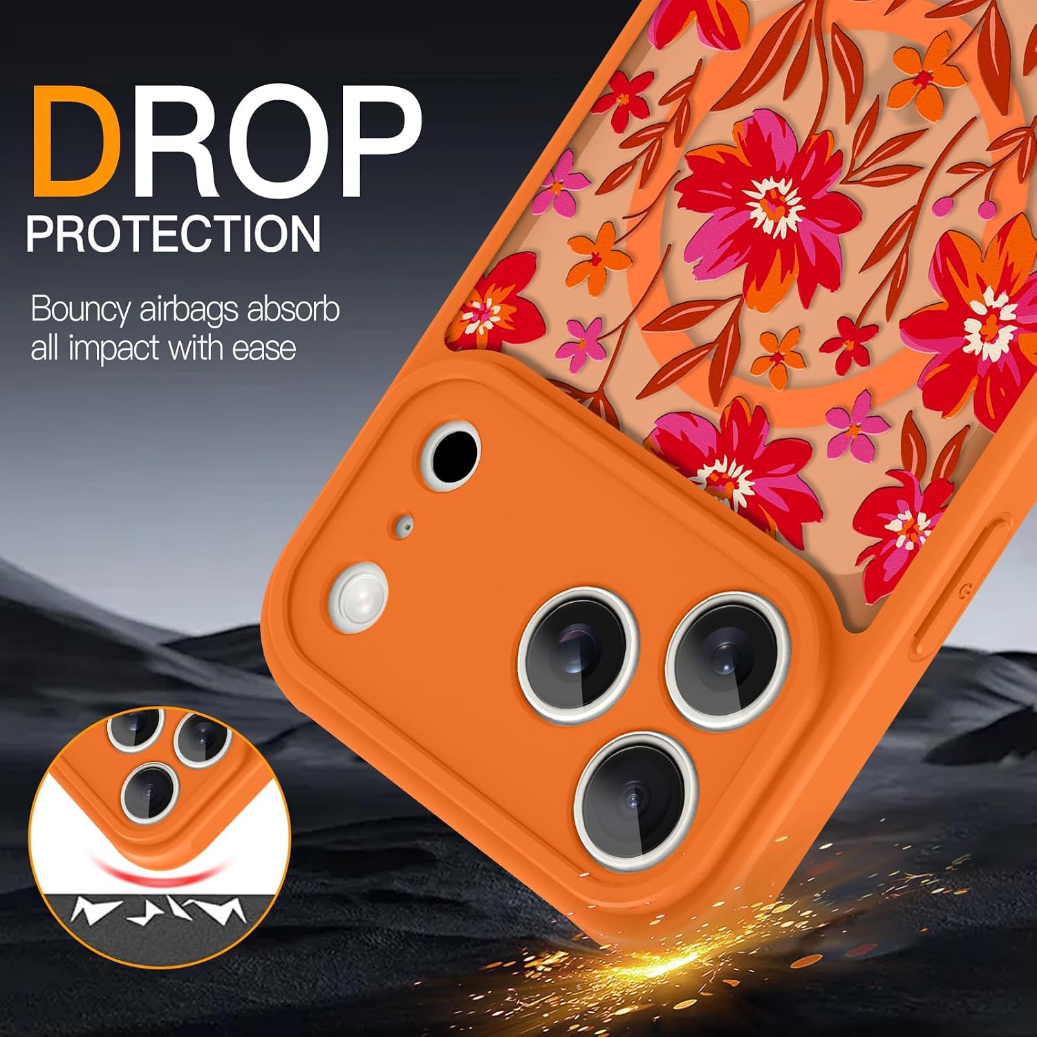 Magnetic Case for iPhone 17 Pro Max [Compatible with MagSafe] Cute Floral Flower Design Translucent Matte Anti-Scratch Shockproof Phone Cover for Women Girls, Orange