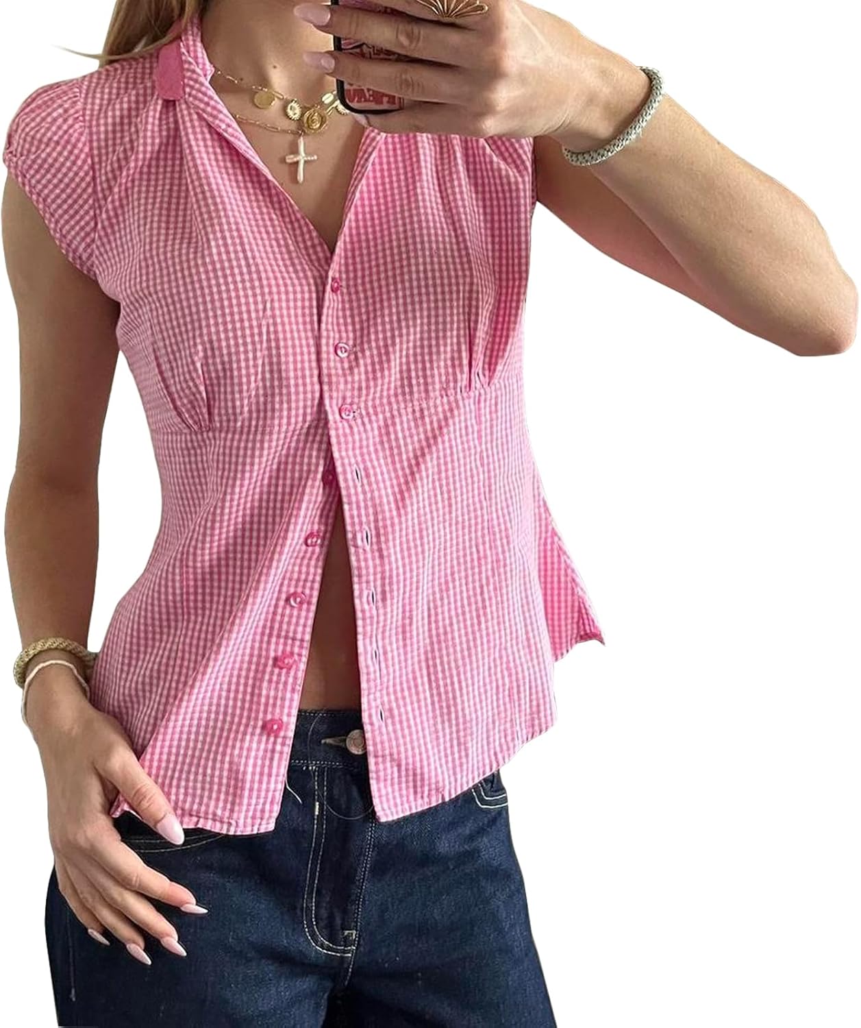 Women Short Cap Sleeve Gingham Shirt Summer Casual Button Down Plaid Top Y2K Blouse Streetwear