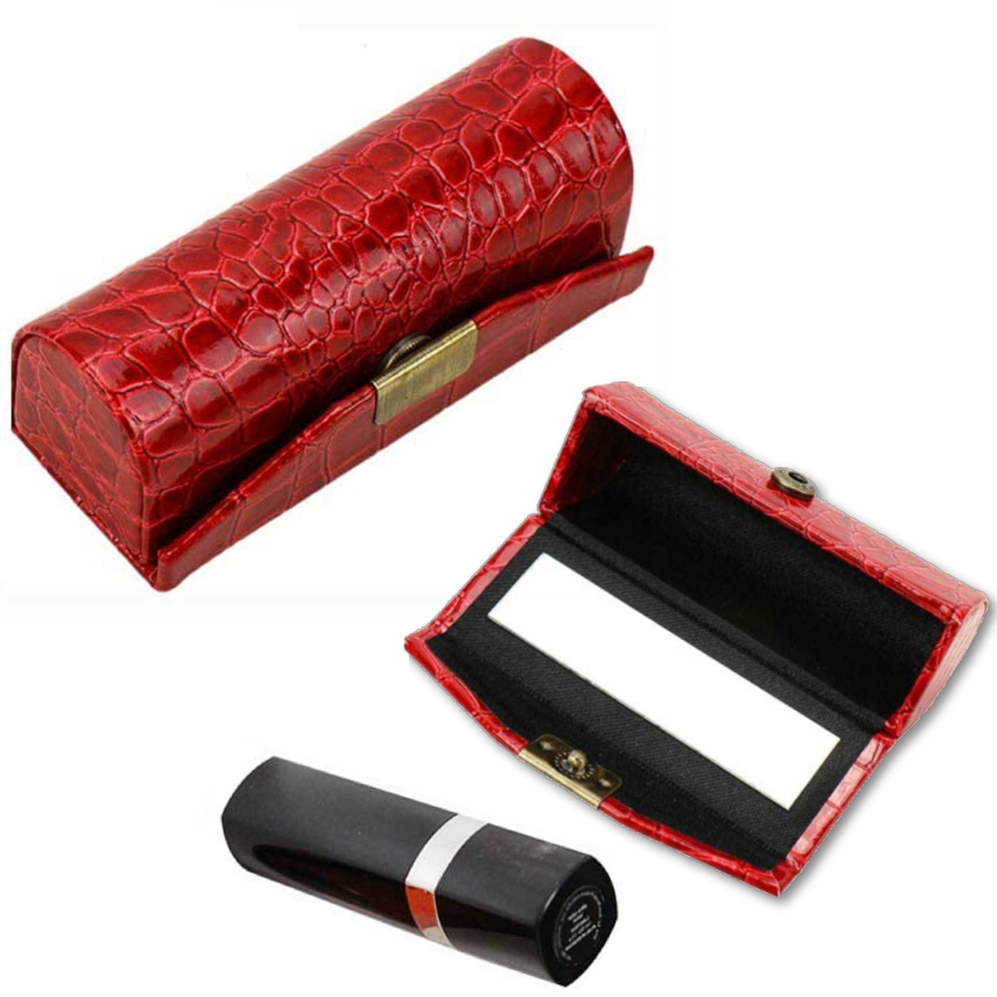 FANGHUIER Leather Lipstick Holder Box Jewelry Organiser with Mirror and Button Closure (Wine Red)