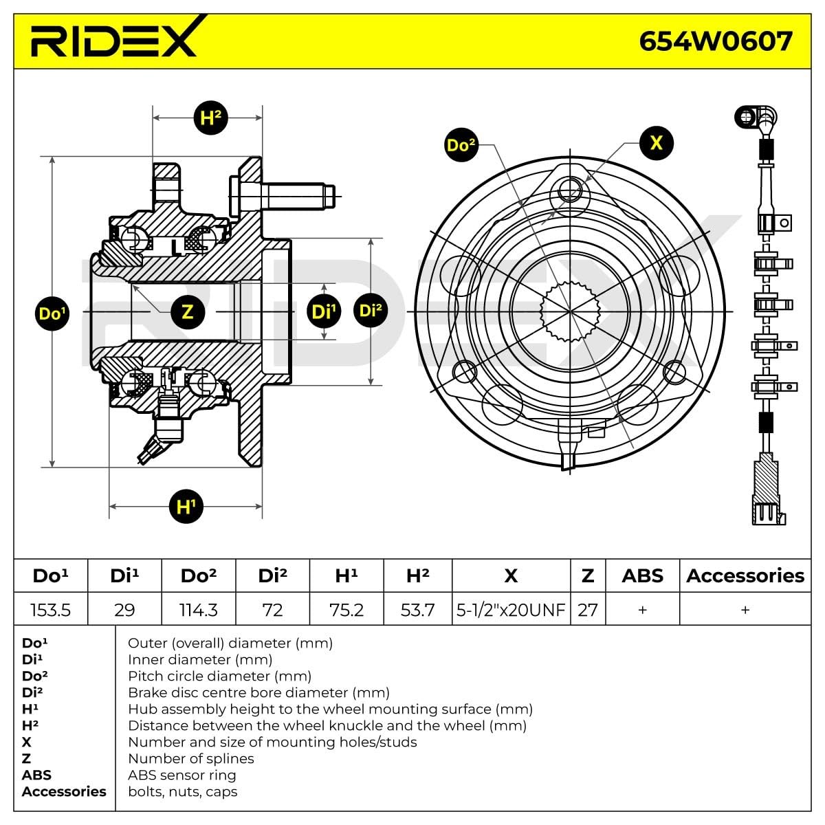 RIDEX 654W0607 Juego de cojinete de rueda Delantero Izquierda Delantero con sensor ABS Rodamiento integrado en buje de rueda con buje de rueda Compatible con JEEP CHEROKEE KJ